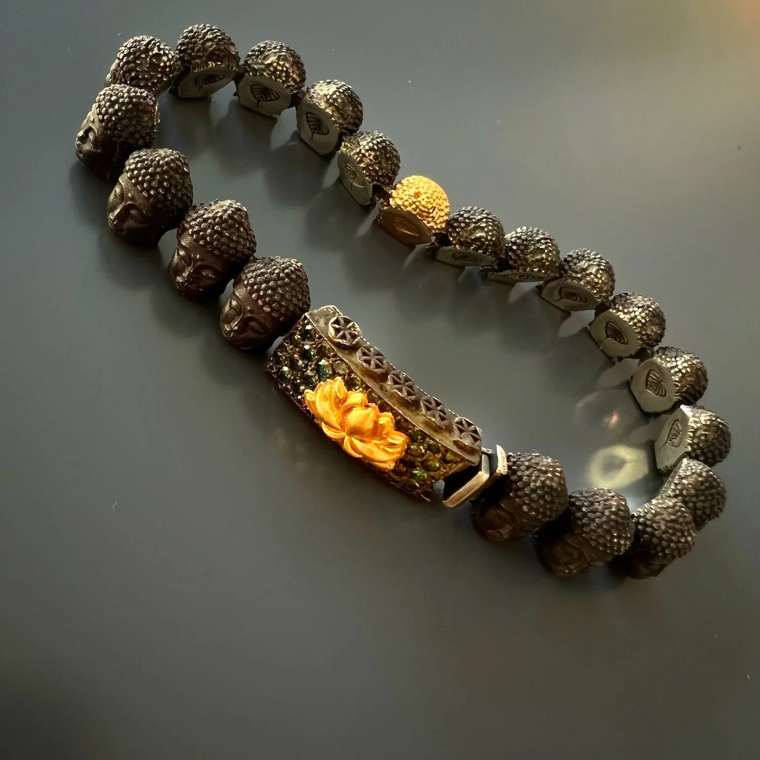 Peace Yellow Gold & Diamond Lotus Silver Buddha Bracelet