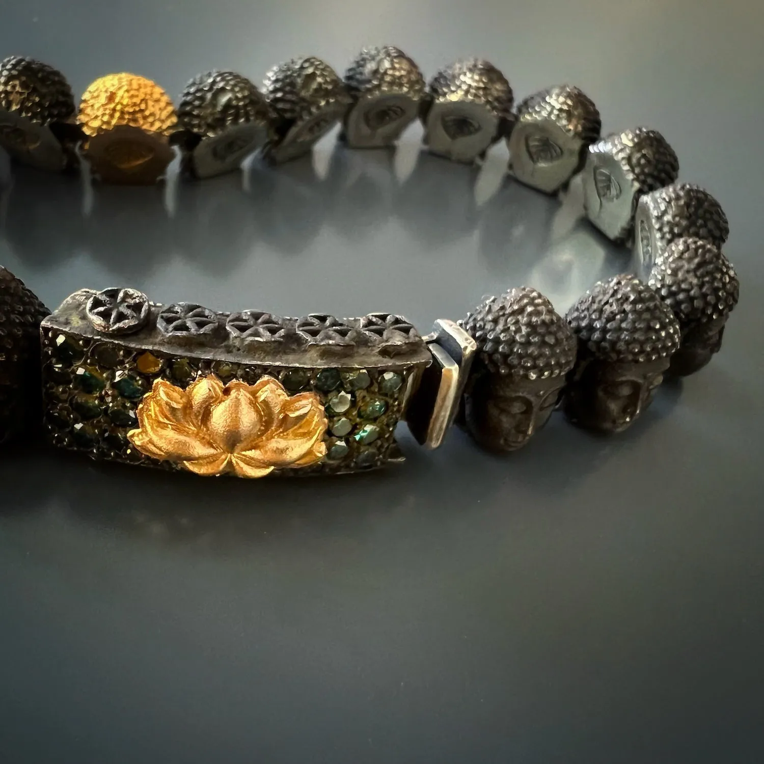 Peace Yellow Gold & Diamond Lotus Silver Buddha Bracelet
