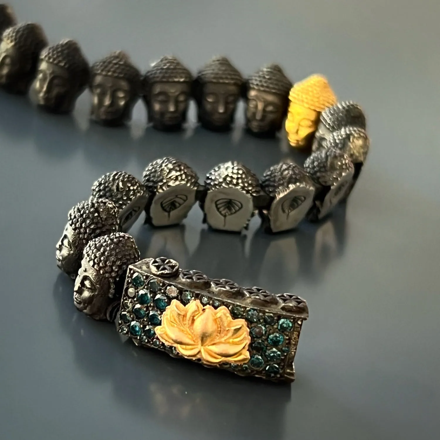 Peace Yellow Gold & Diamond Lotus Silver Buddha Bracelet