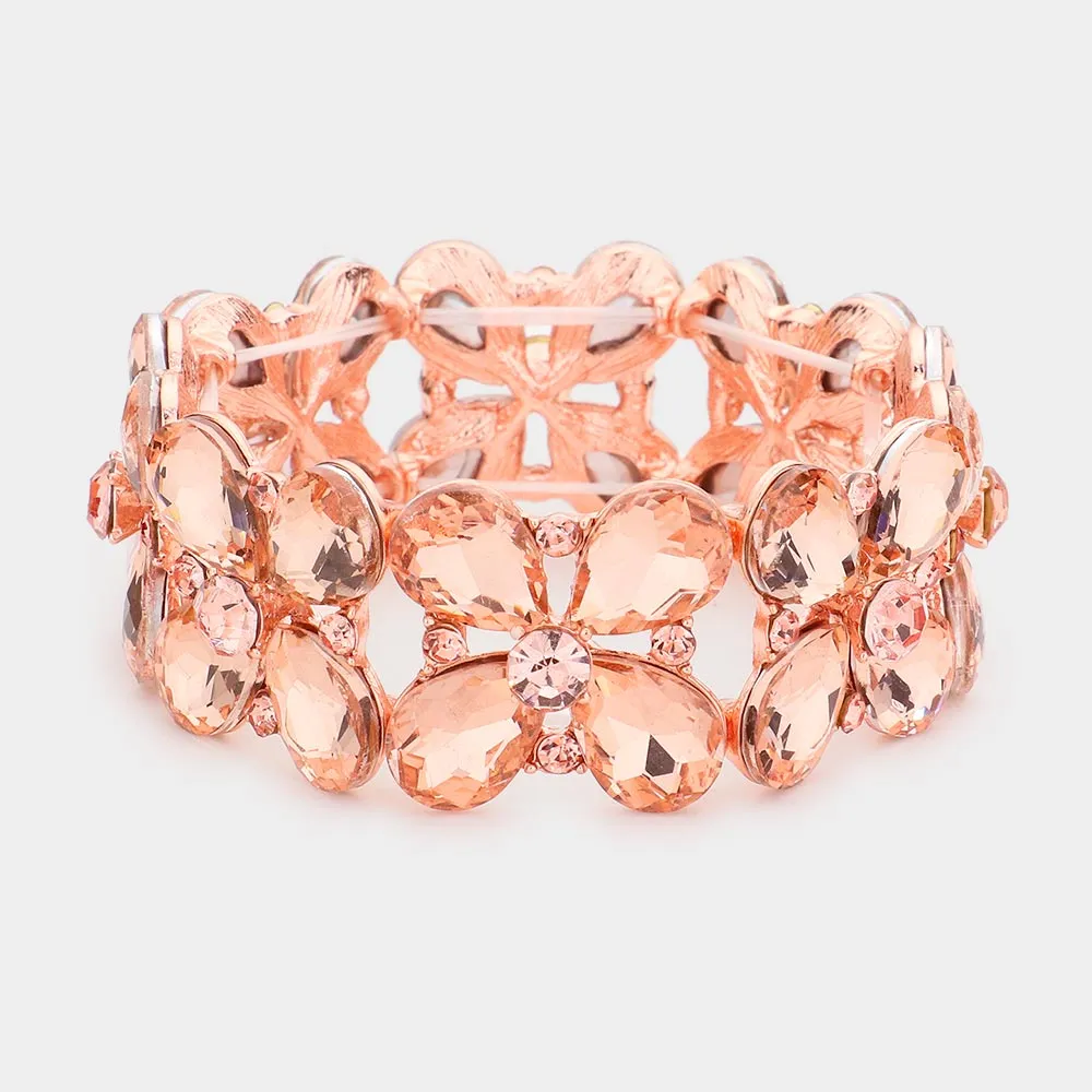 Peach Crystal Teardrop Pageant Stretch Bracelet on Rose Gold | Evening Bracelet |  563690