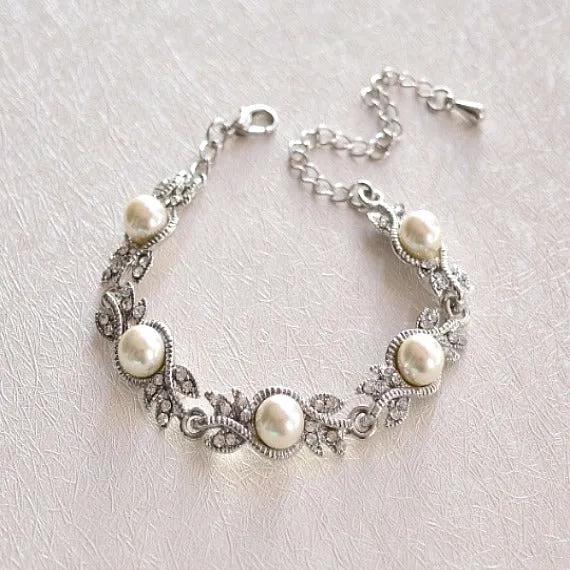 Pearl Rhinestone Silver Bridal Bracelet, Grecian Crystal Leaf Bracelet, Grecian Victorian Vintage Rhinestone Bracelet, Deco Pearl Bracelet