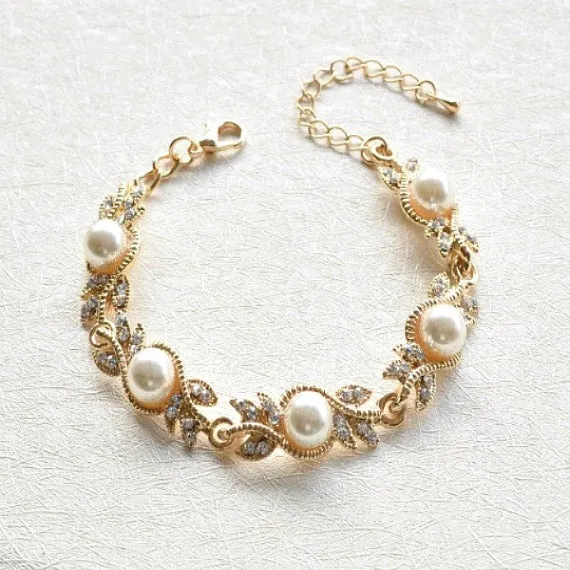 Pearl Rhinestone Silver Bridal Bracelet, Grecian Crystal Leaf Bracelet, Grecian Victorian Vintage Rhinestone Bracelet, Deco Pearl Bracelet