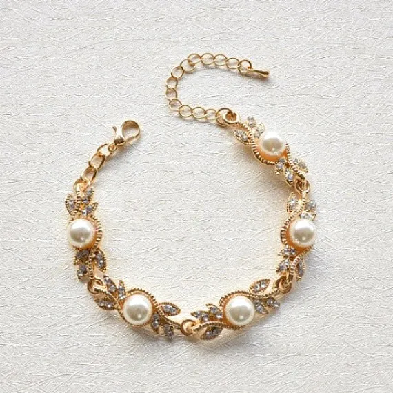 Pearl Rhinestone Silver Bridal Bracelet, Grecian Crystal Leaf Bracelet, Grecian Victorian Vintage Rhinestone Bracelet, Deco Pearl Bracelet
