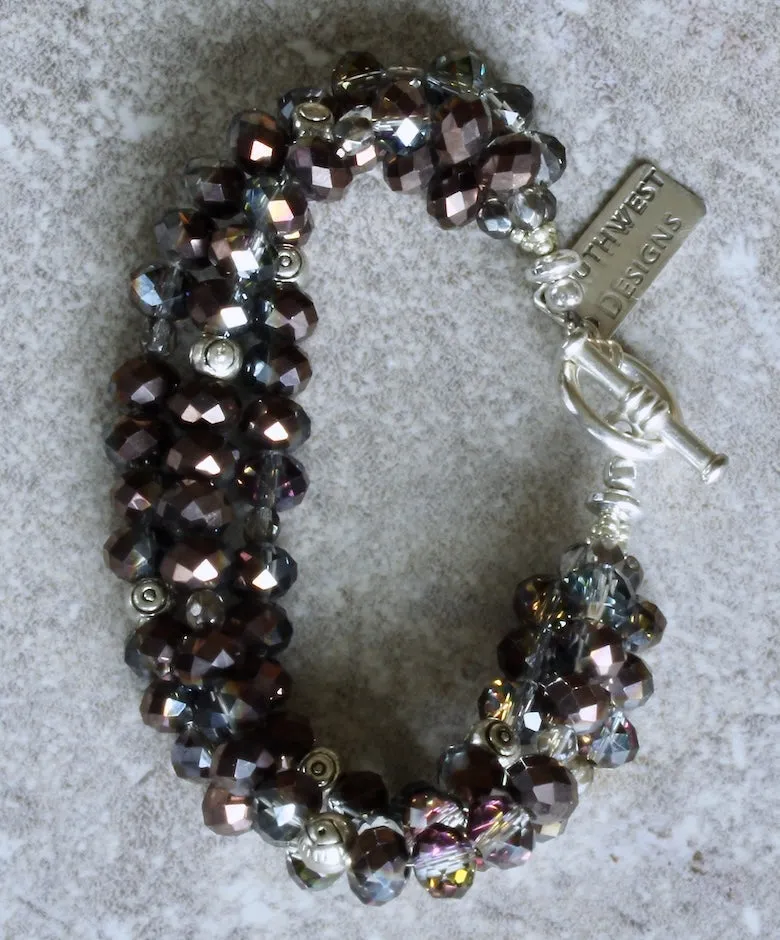 Pewter Faceted Glass Rondelles 3-Strand Bracelet with Antique Silver Czech Fire Polished Glass and Sterling Beads & Toggle Clasp