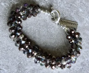 Pewter Faceted Glass Rondelles 3-Strand Bracelet with Antique Silver Czech Fire Polished Glass and Sterling Beads & Toggle Clasp