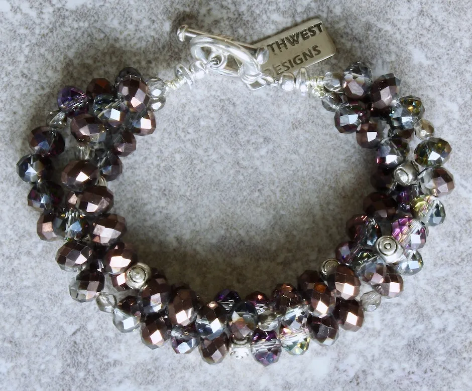Pewter Faceted Glass Rondelles 3-Strand Bracelet with Antique Silver Czech Fire Polished Glass and Sterling Beads & Toggle Clasp