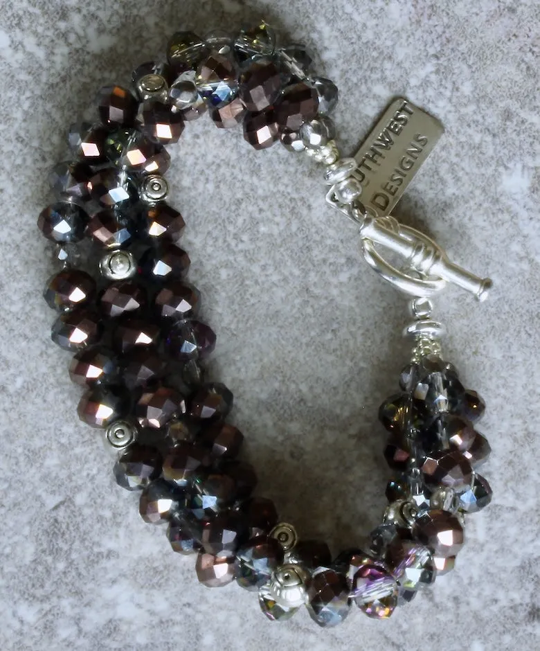 Pewter Faceted Glass Rondelles 3-Strand Bracelet with Antique Silver Czech Fire Polished Glass and Sterling Beads & Toggle Clasp