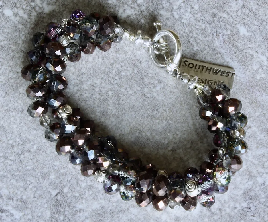 Pewter Faceted Glass Rondelles 3-Strand Bracelet with Antique Silver Czech Fire Polished Glass and Sterling Beads & Toggle Clasp