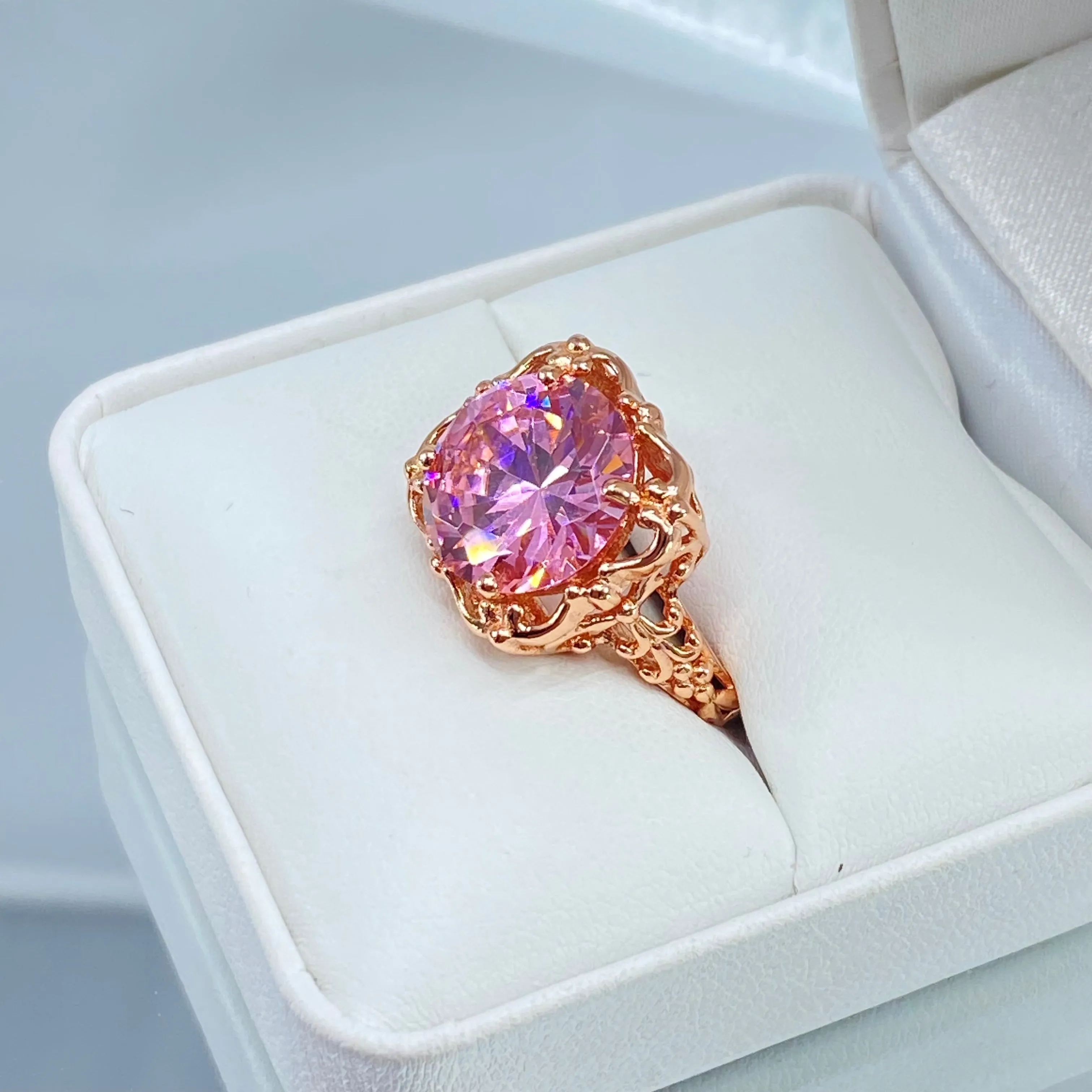 Pink CZ, Size 6.5, Rose Gold Victorian Ring #D103