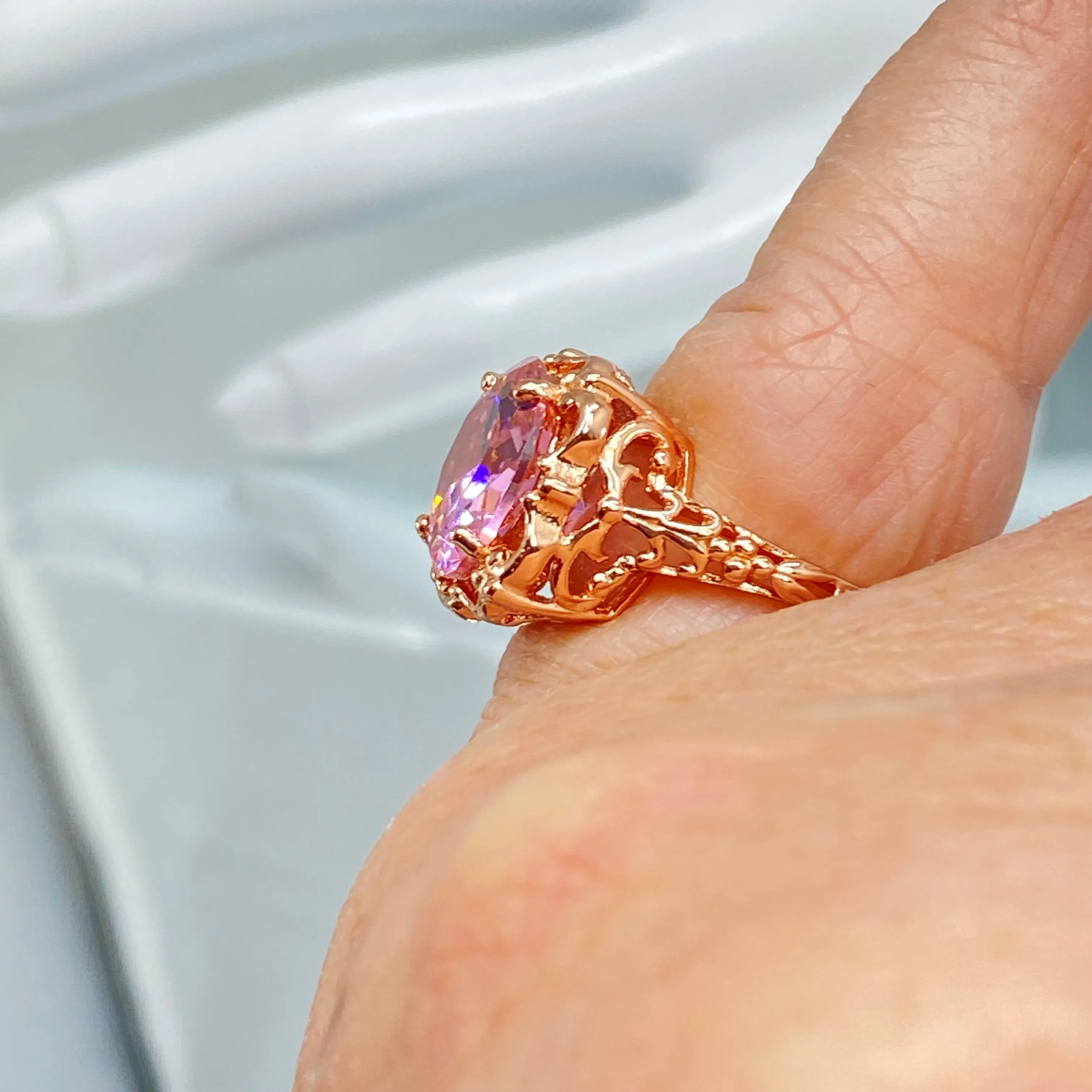 Pink CZ, Size 6.5, Rose Gold Victorian Ring #D103