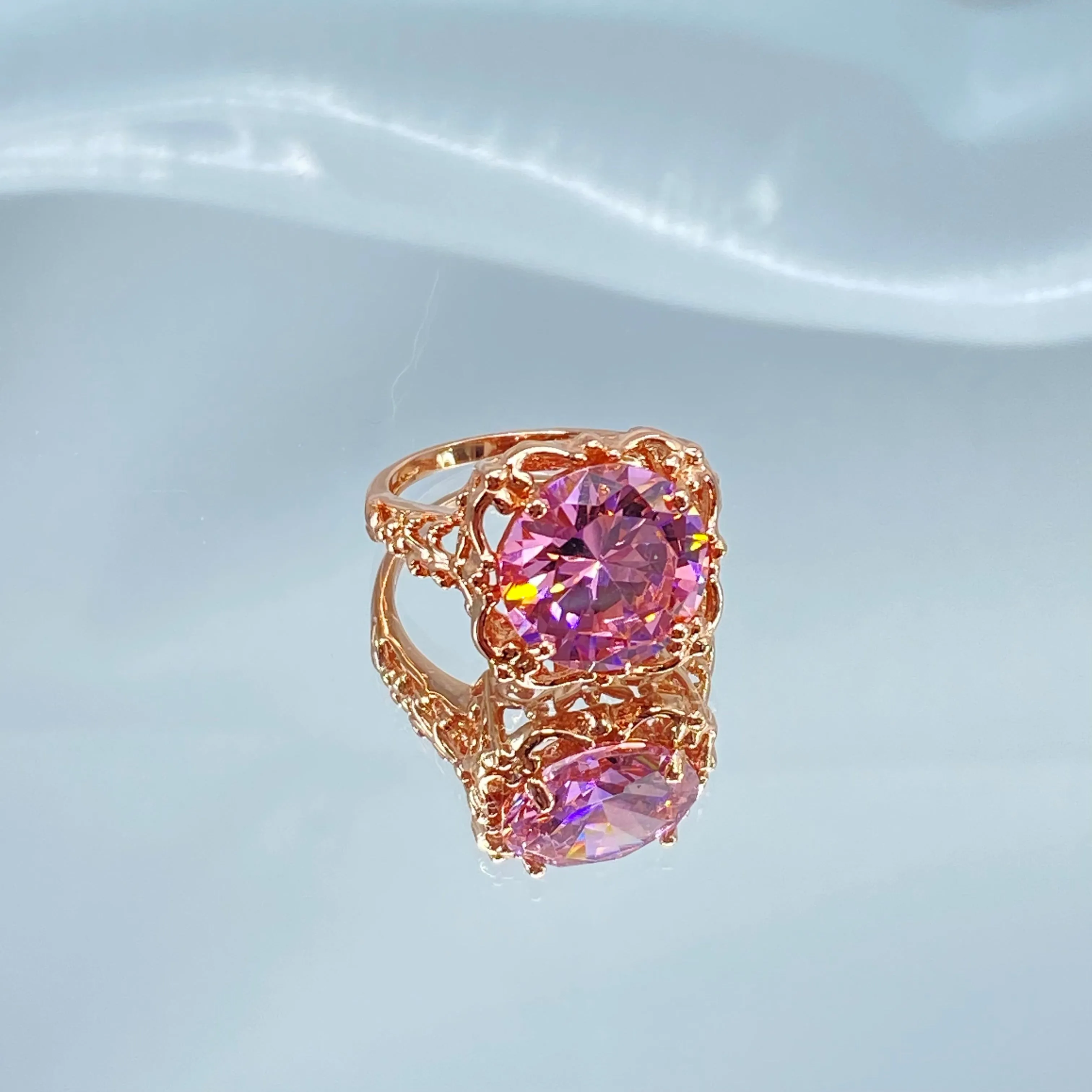 Pink CZ, Size 6.5, Rose Gold Victorian Ring #D103