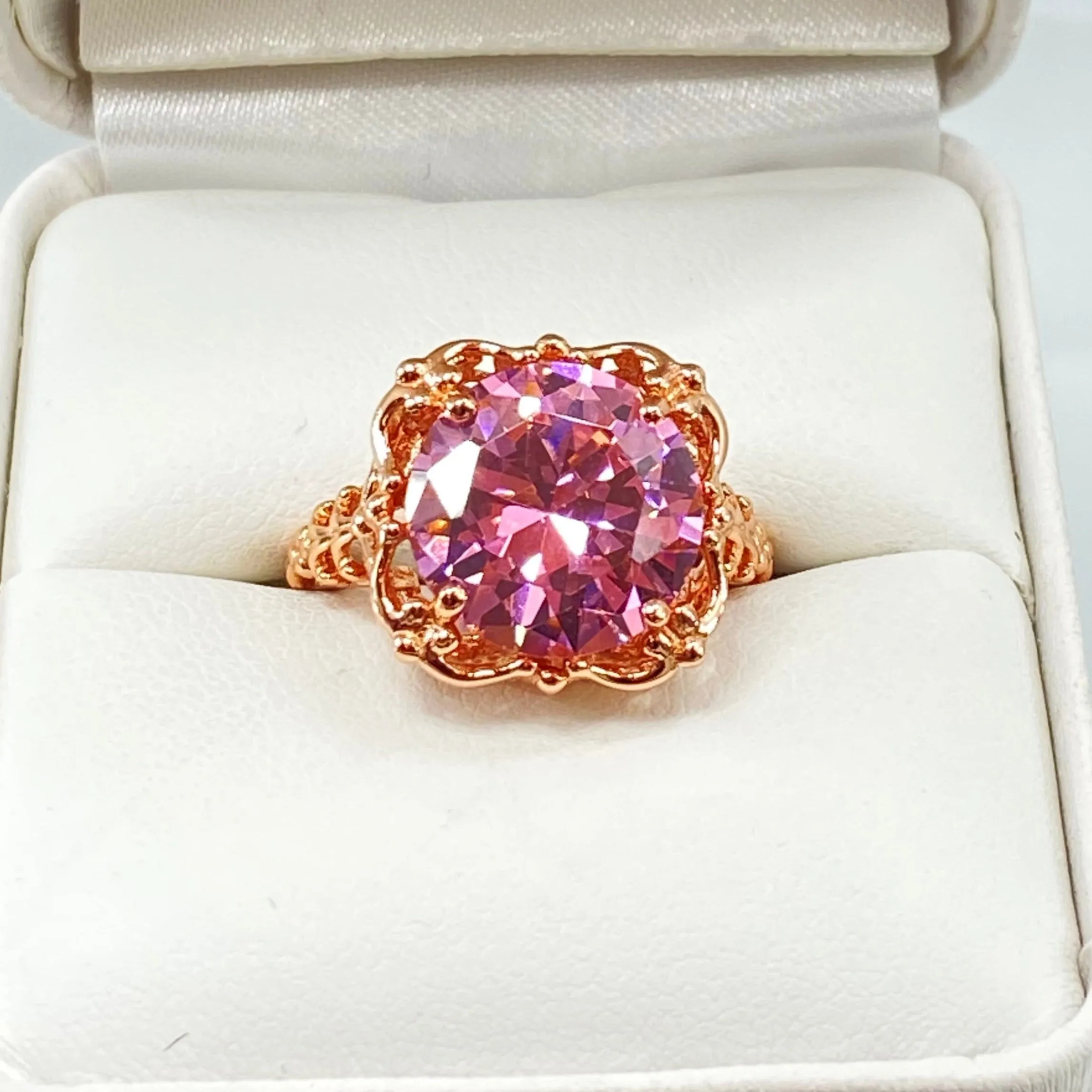 Pink CZ, Size 6.5, Rose Gold Victorian Ring #D103