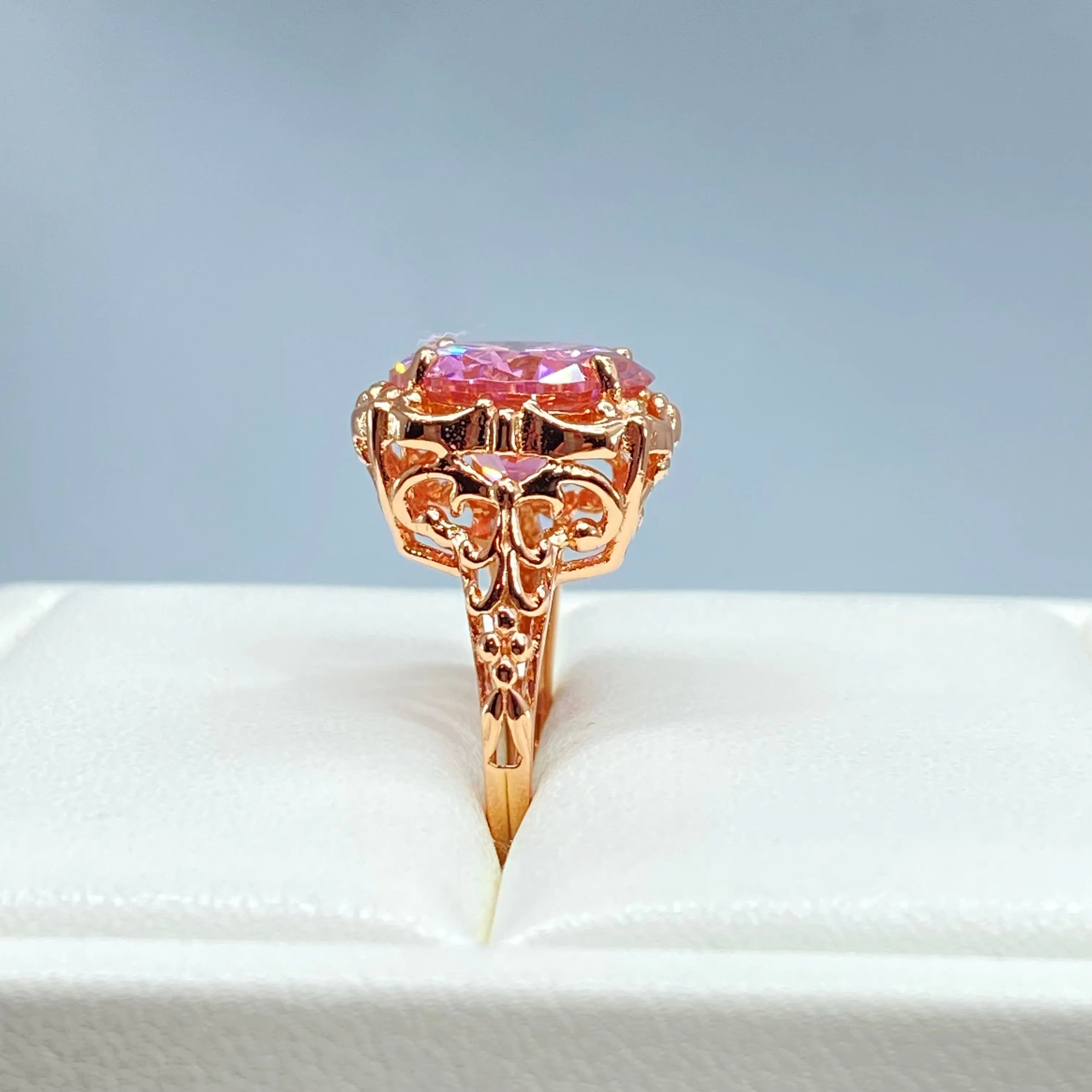 Pink CZ, Size 6.5, Rose Gold Victorian Ring #D103