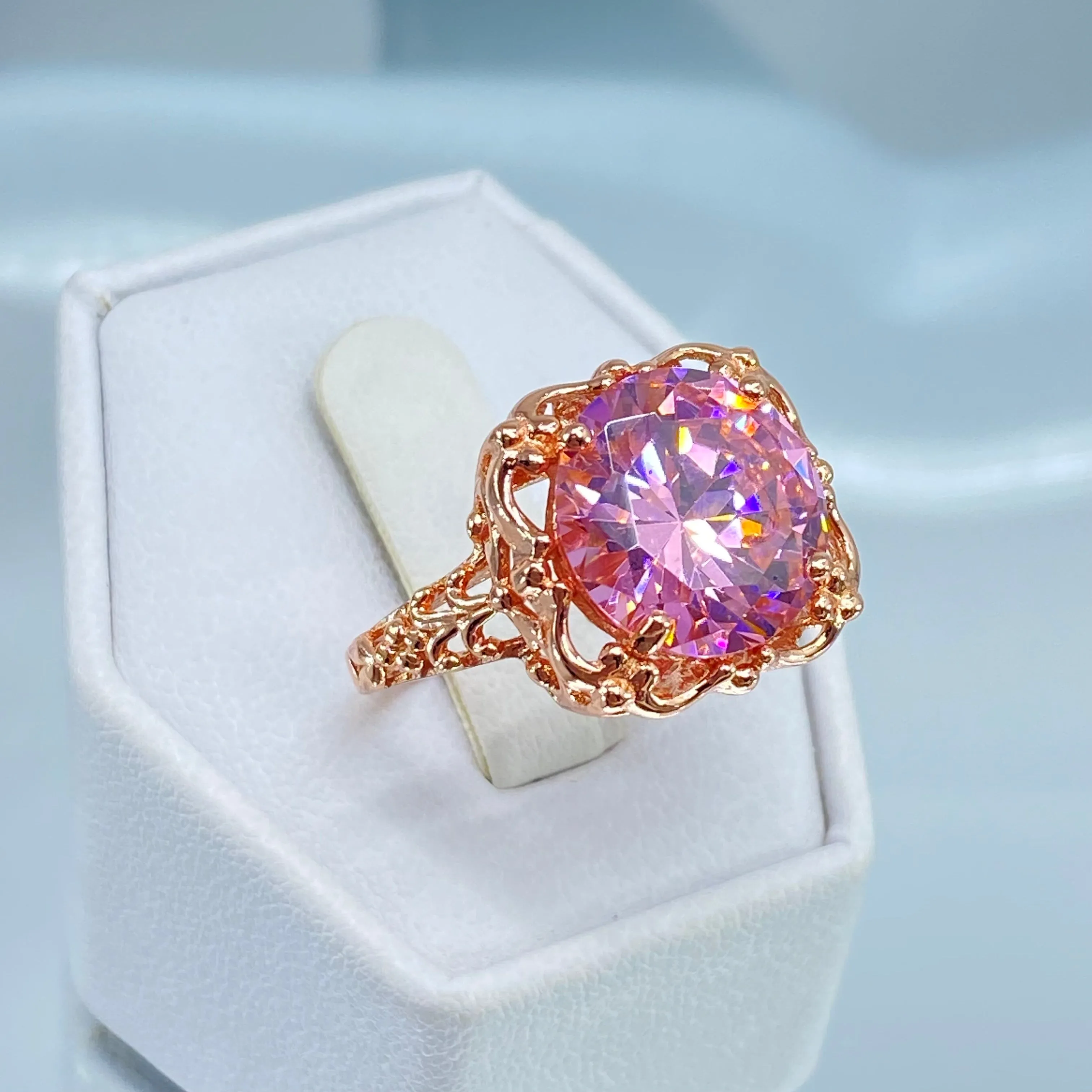 Pink CZ, Size 6.5, Rose Gold Victorian Ring #D103