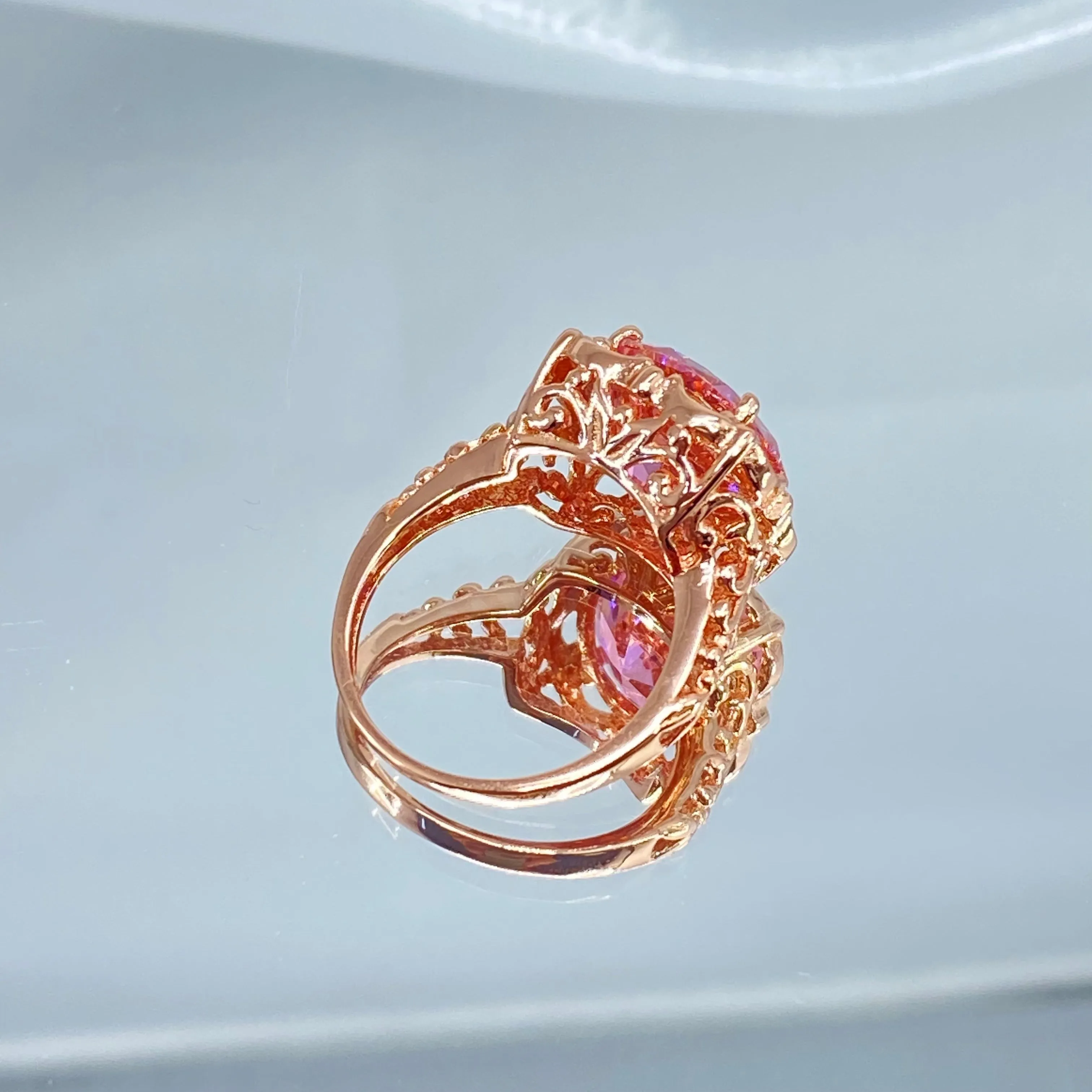 Pink CZ, Size 6.5, Rose Gold Victorian Ring #D103