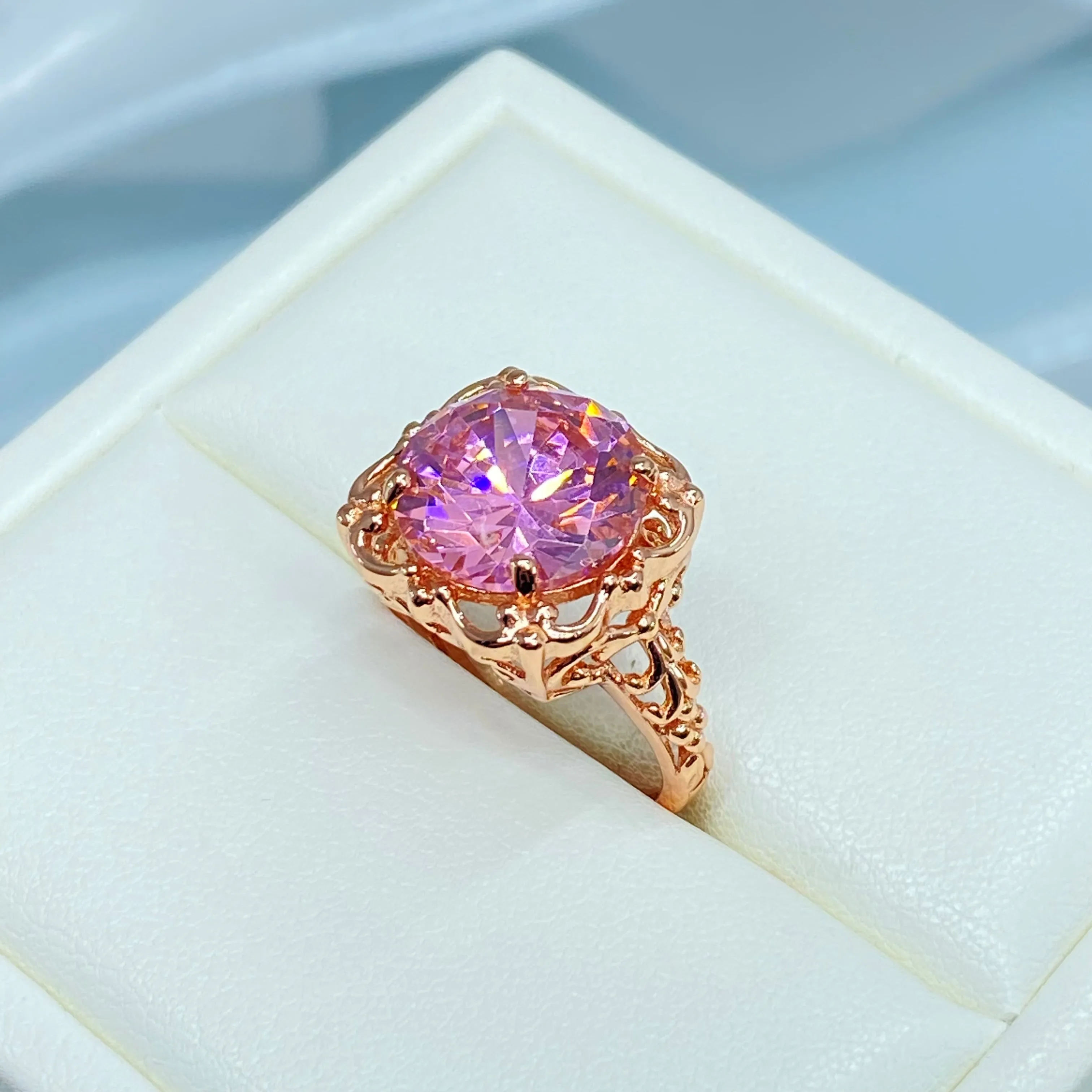 Pink CZ, Size 6.5, Rose Gold Victorian Ring #D103