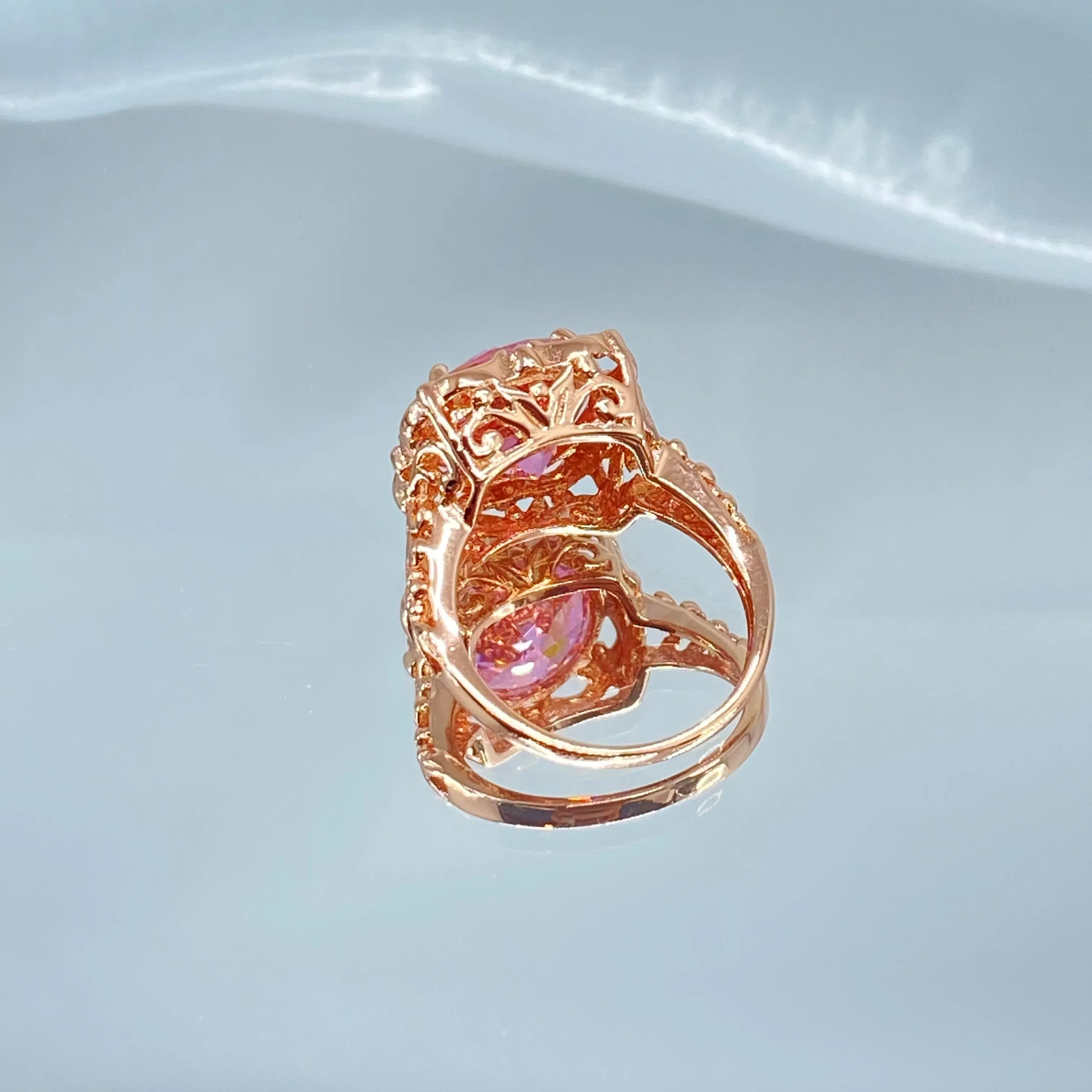 Pink CZ, Size 6.5, Rose Gold Victorian Ring #D103
