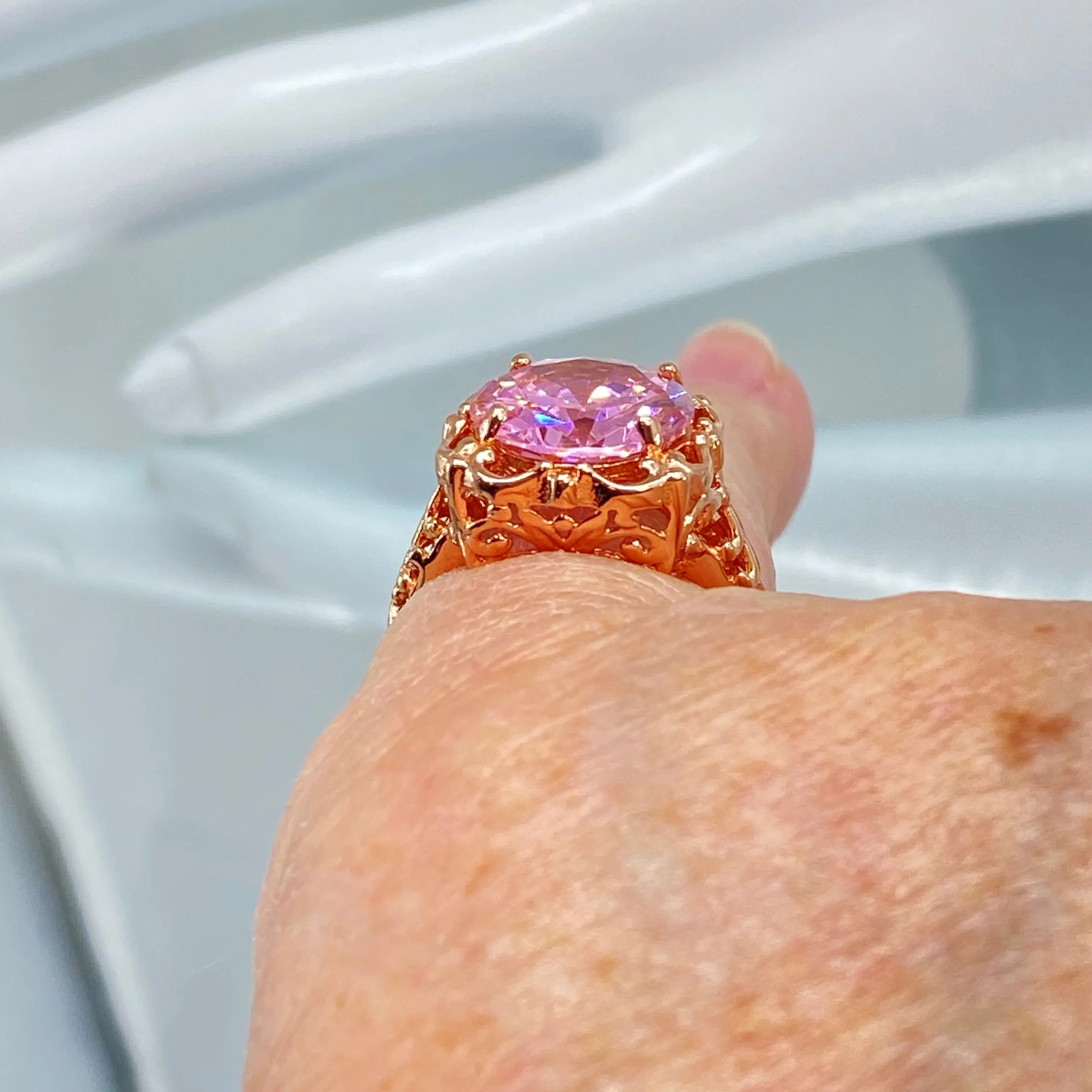 Pink CZ, Size 6.5, Rose Gold Victorian Ring #D103