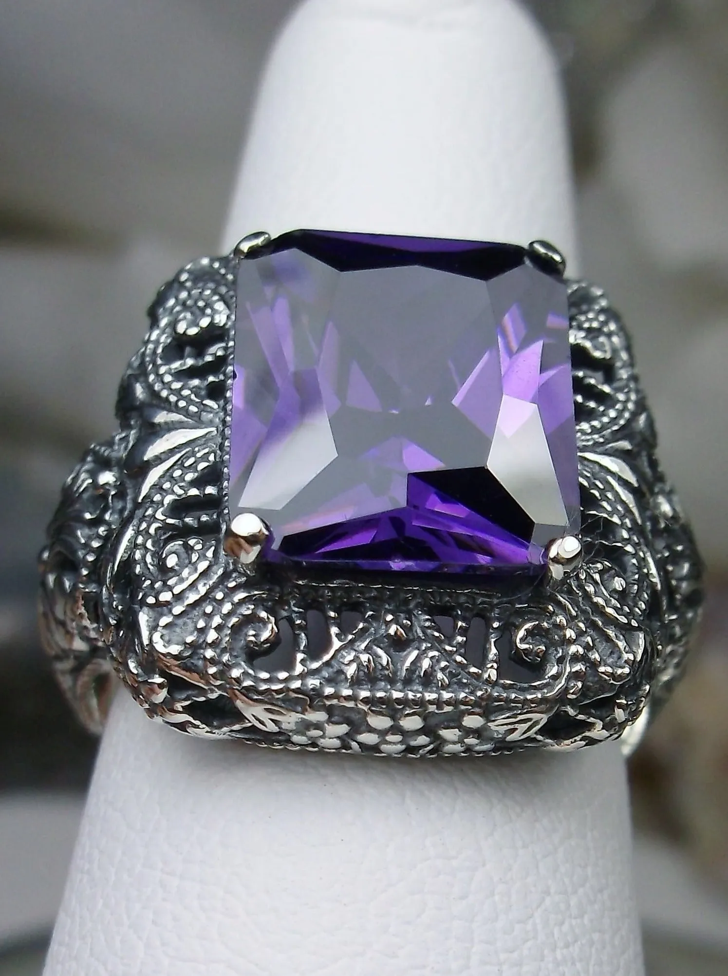 Purple Amethyst Cubic Zirconia (CZ) Ring, Intricate Victorian Jewelry #D149