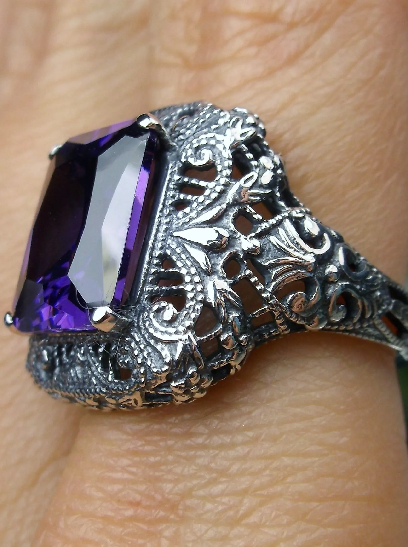 Purple Amethyst Cubic Zirconia (CZ) Ring, Intricate Victorian Jewelry #D149