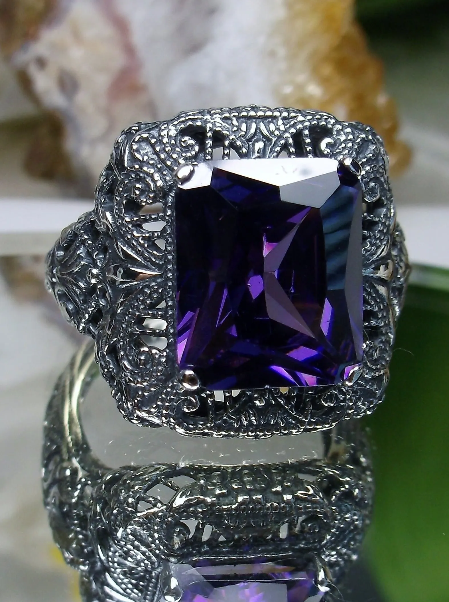 Purple Amethyst Cubic Zirconia (CZ) Ring, Intricate Victorian Jewelry #D149