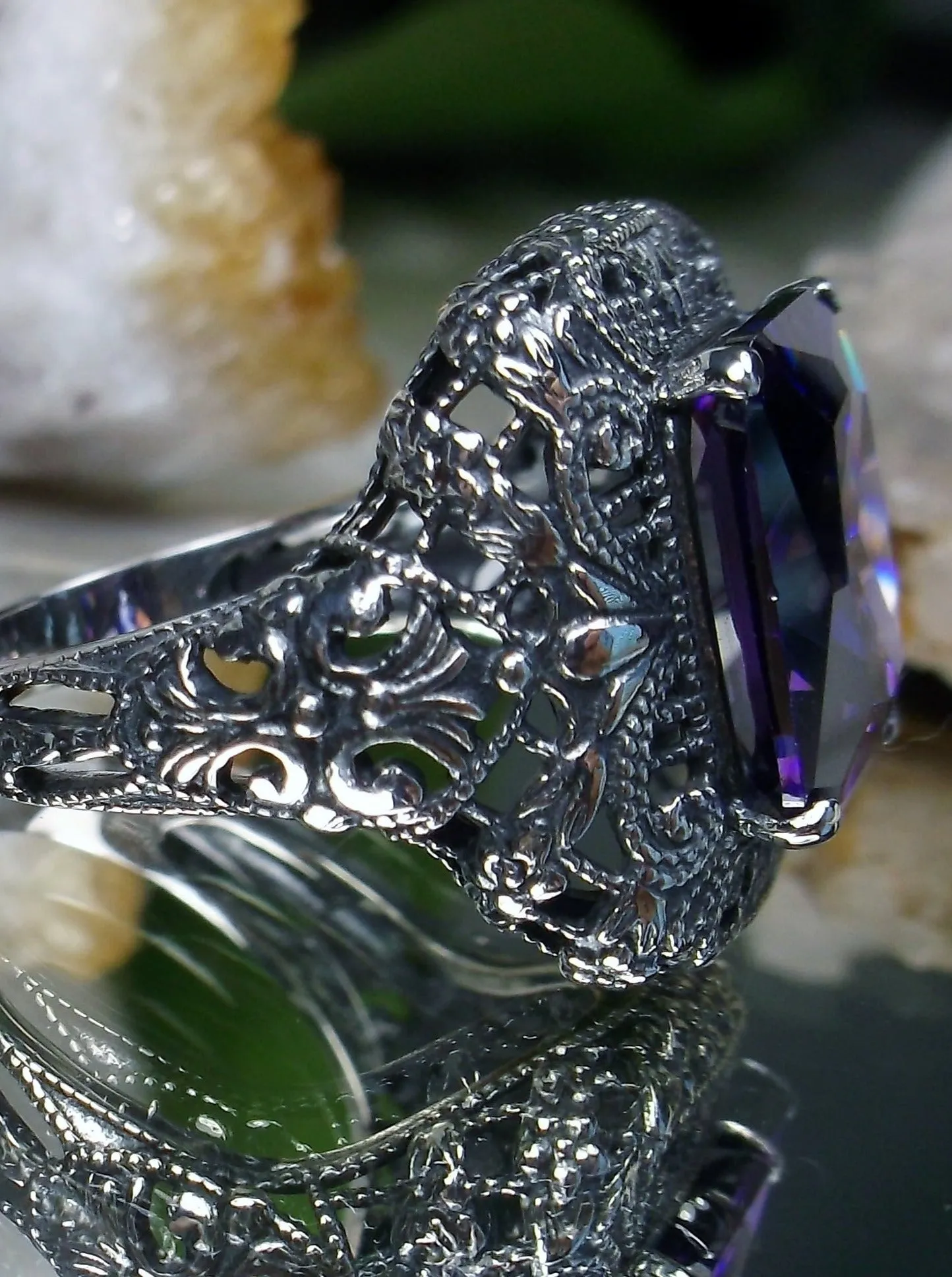 Purple Amethyst Cubic Zirconia (CZ) Ring, Intricate Victorian Jewelry #D149
