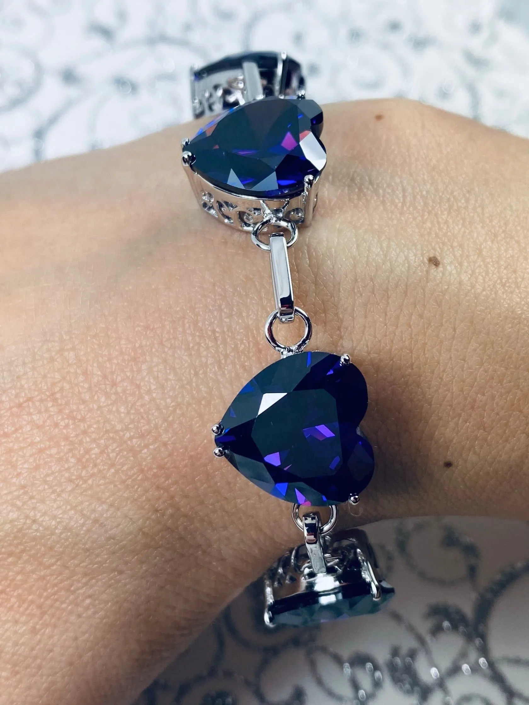 Purple Amethyst CZ Bracelet, Heart Gems, Victorian Reproduction Jewelry #B38