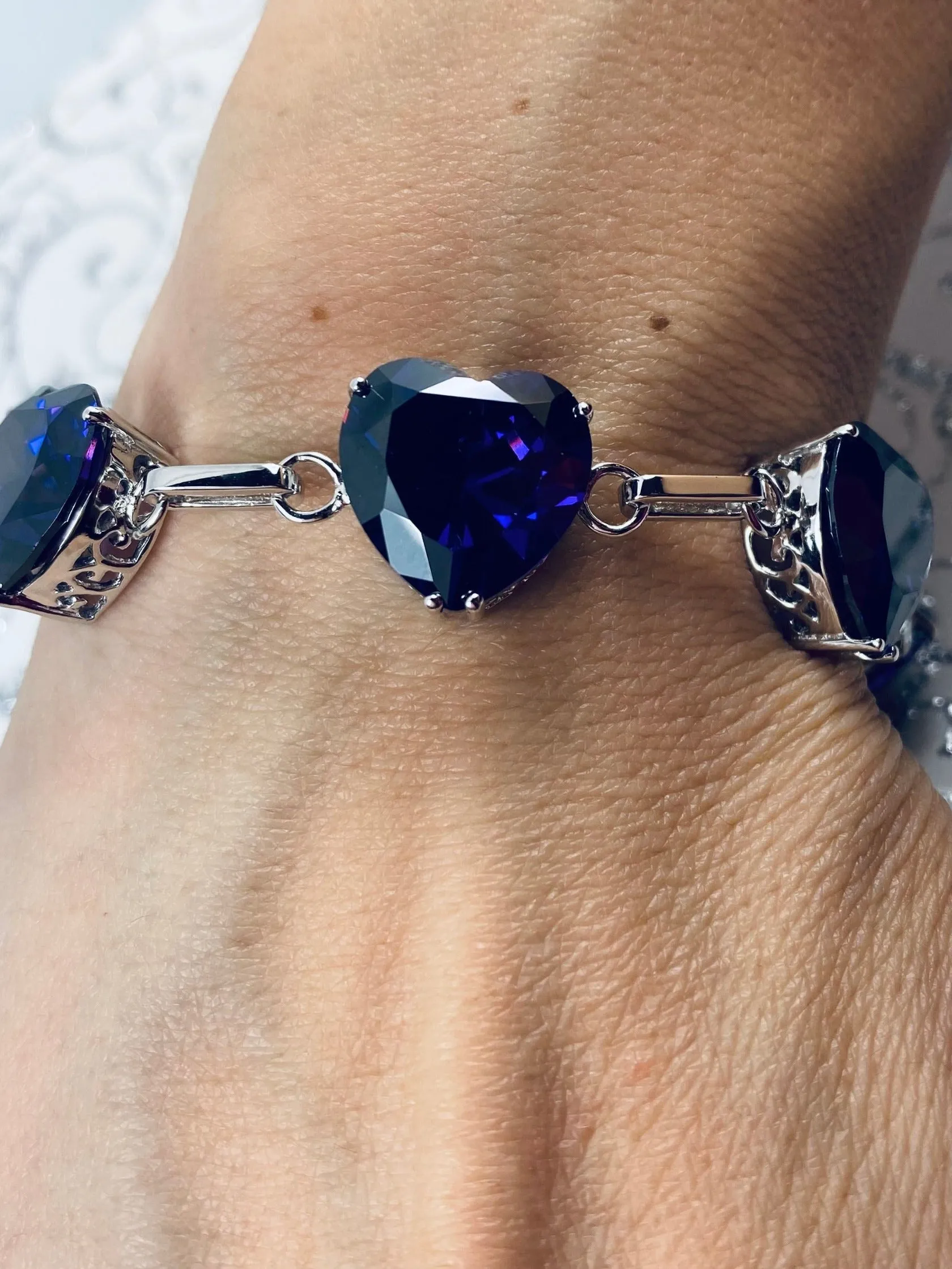 Purple Amethyst CZ Bracelet, Heart Gems, Victorian Reproduction Jewelry #B38