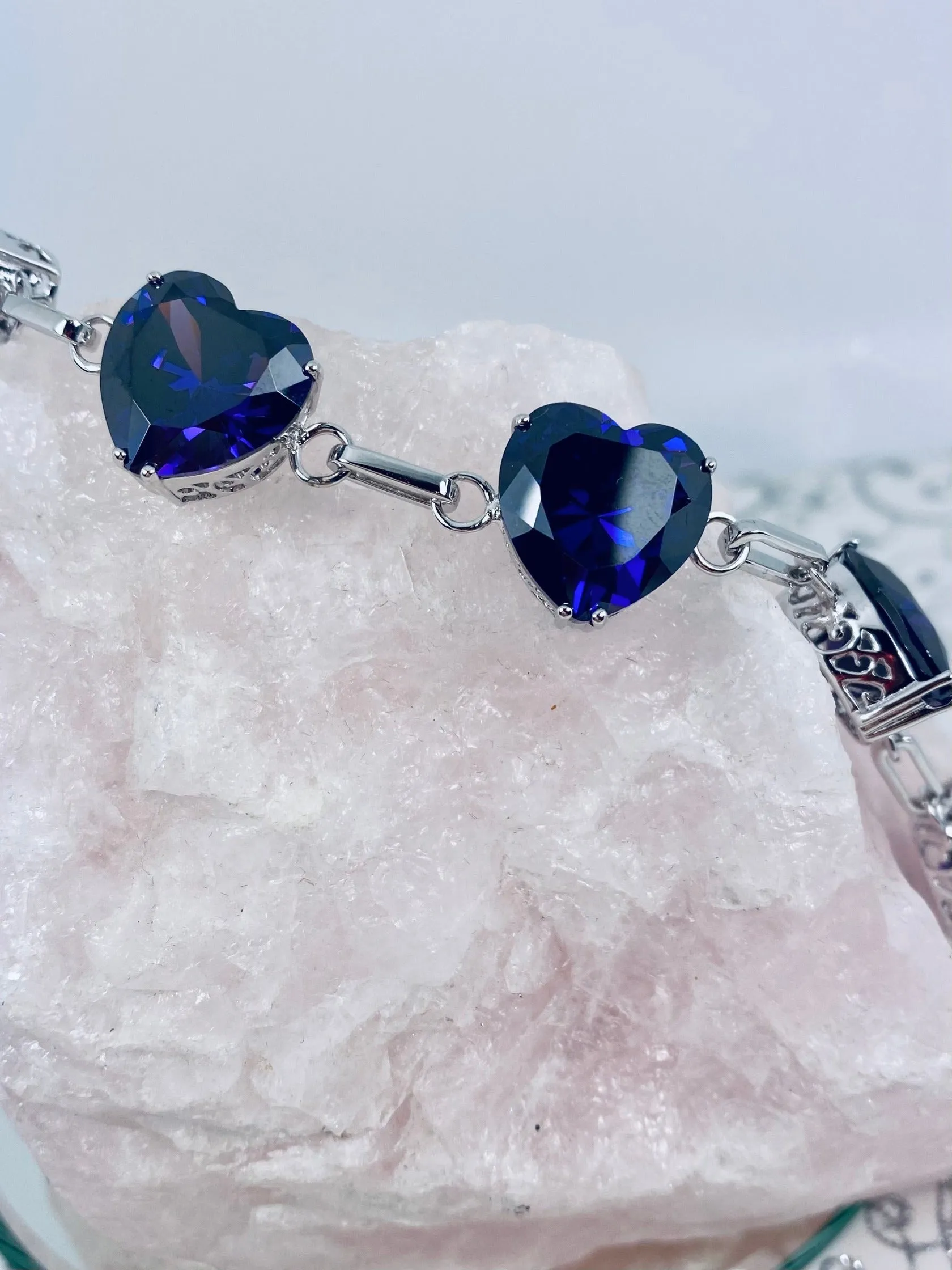 Purple Amethyst CZ Bracelet, Heart Gems, Victorian Reproduction Jewelry #B38