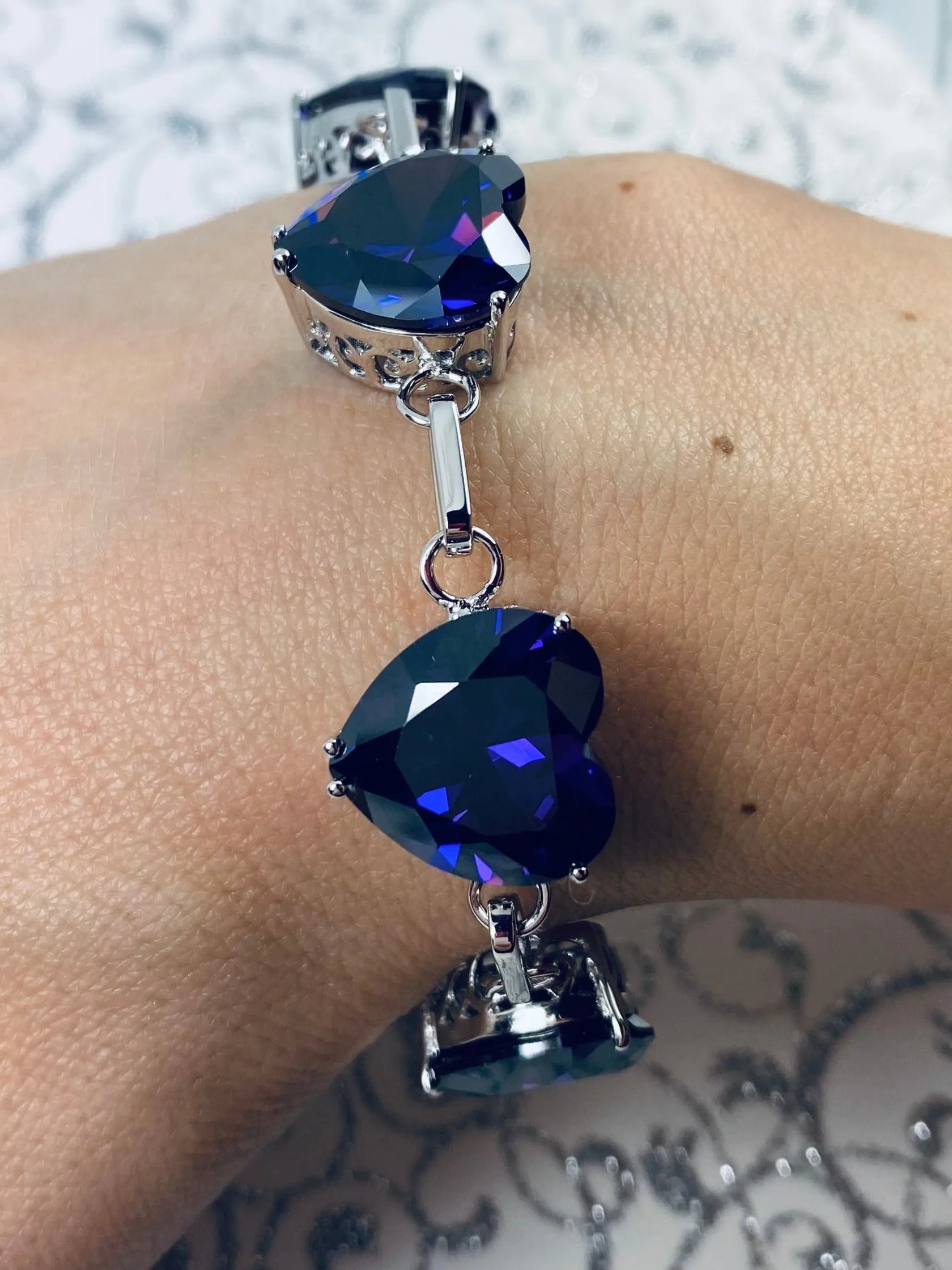 Purple Amethyst CZ Bracelet, Heart Gems, Victorian Reproduction Jewelry #B38