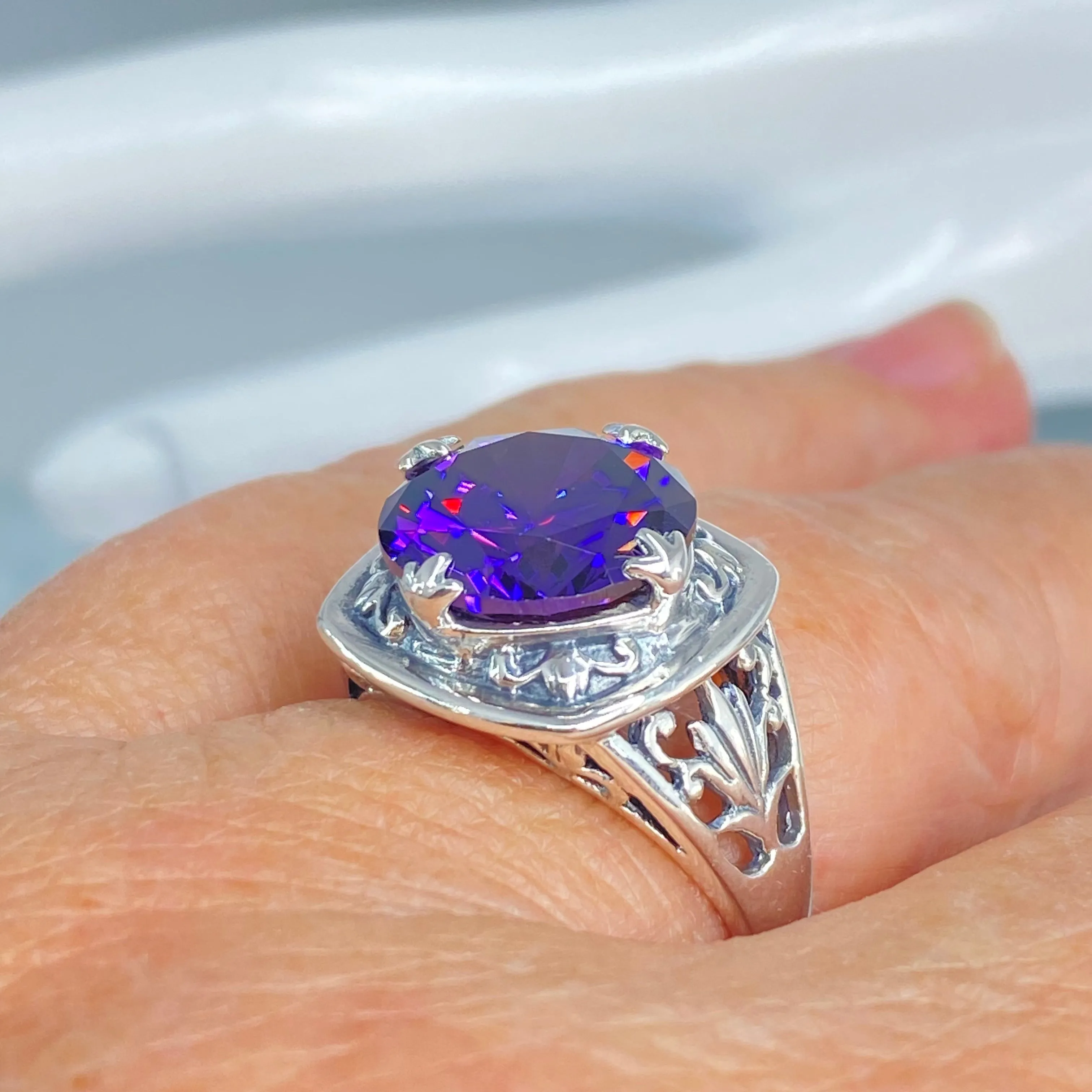 Purple Amethyst CZ Ring, Round Cut, Lotus Art Deco Filigree, D130