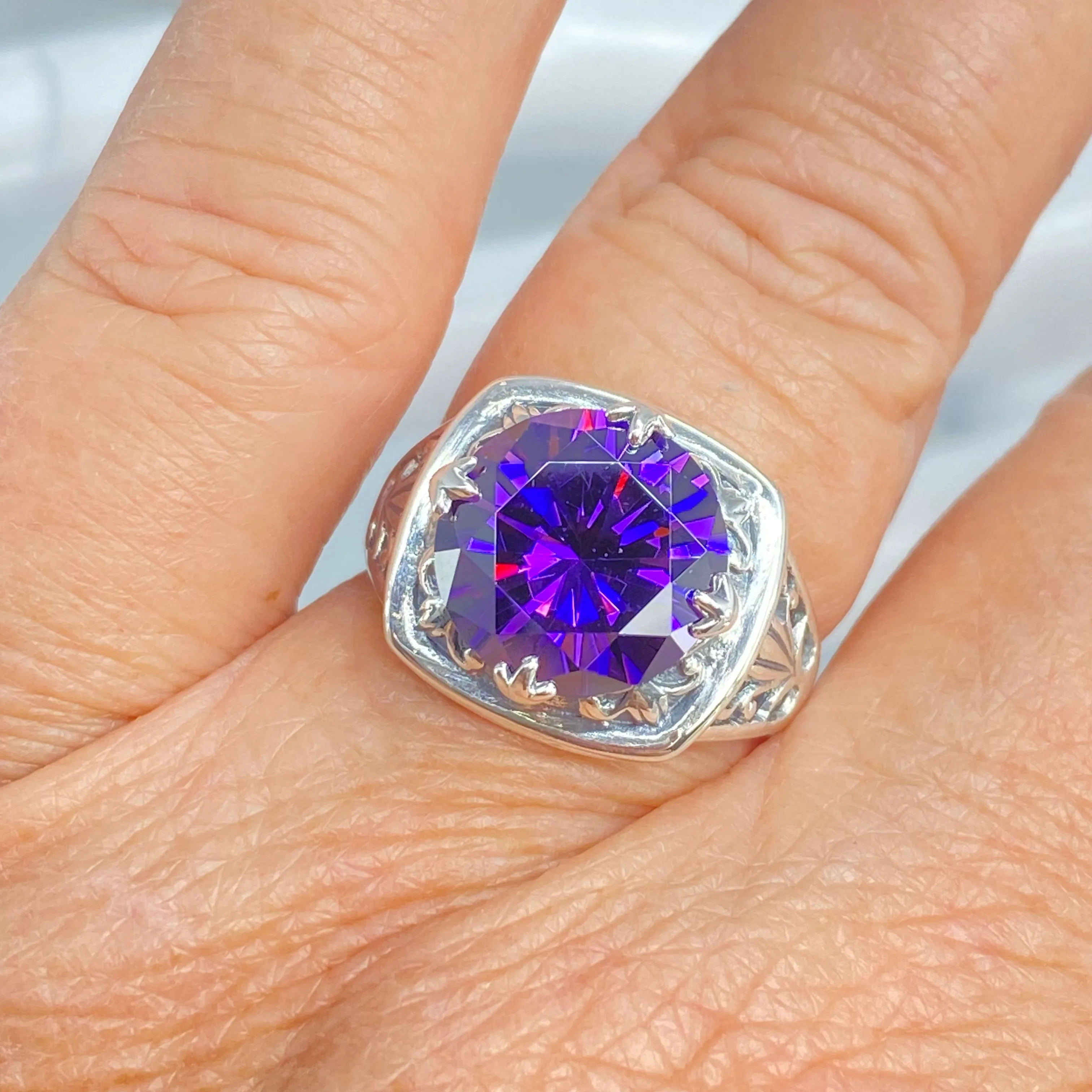 Purple Amethyst CZ Ring, Round Cut, Lotus Art Deco Filigree, D130
