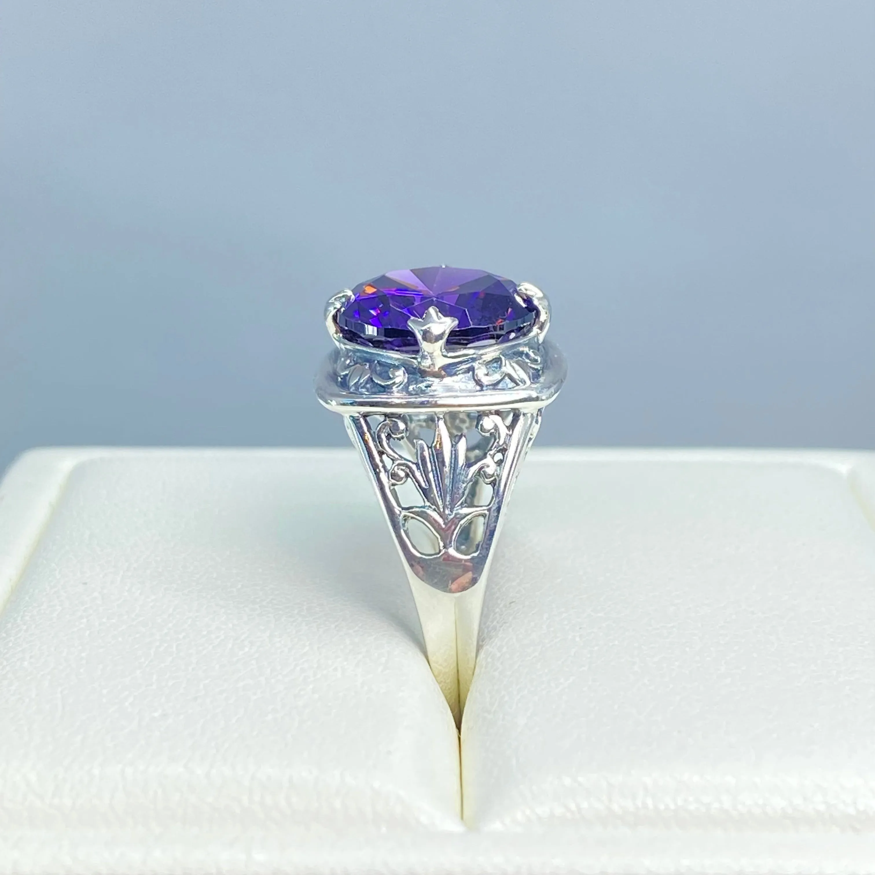 Purple Amethyst CZ Ring, Round Cut, Lotus Art Deco Filigree, D130