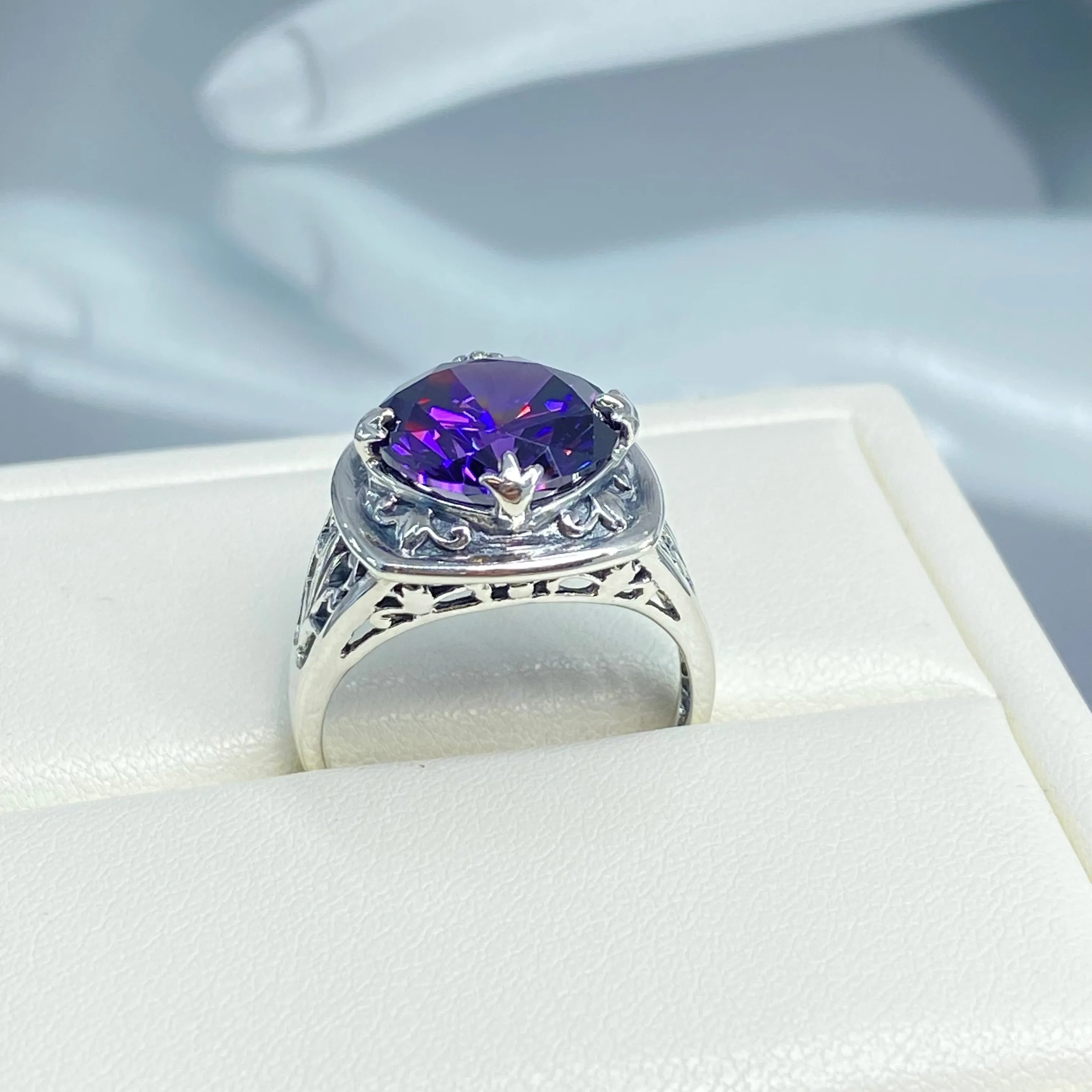 Purple Amethyst CZ Ring, Round Cut, Lotus Art Deco Filigree, D130