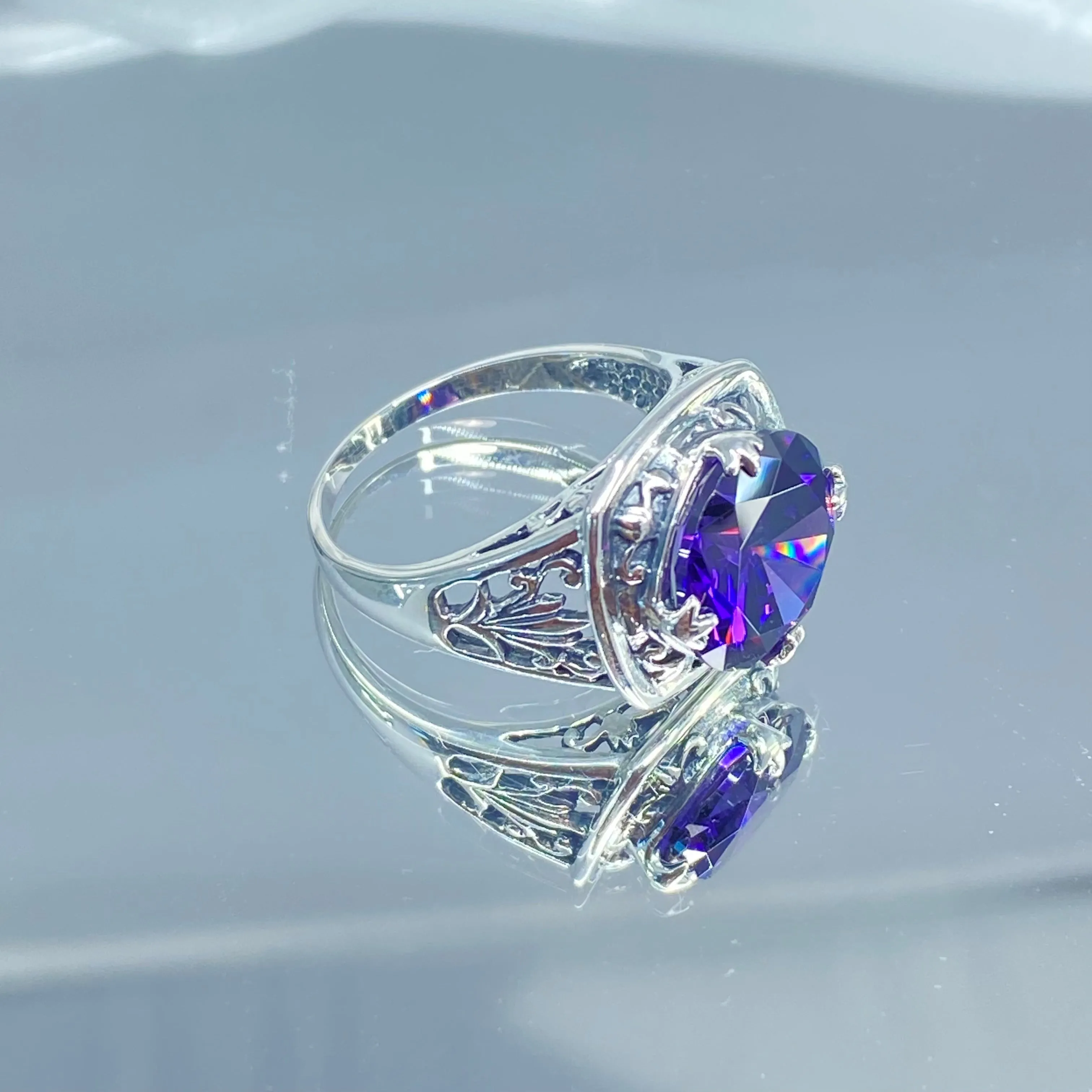 Purple Amethyst CZ Ring, Round Cut, Lotus Art Deco Filigree, D130