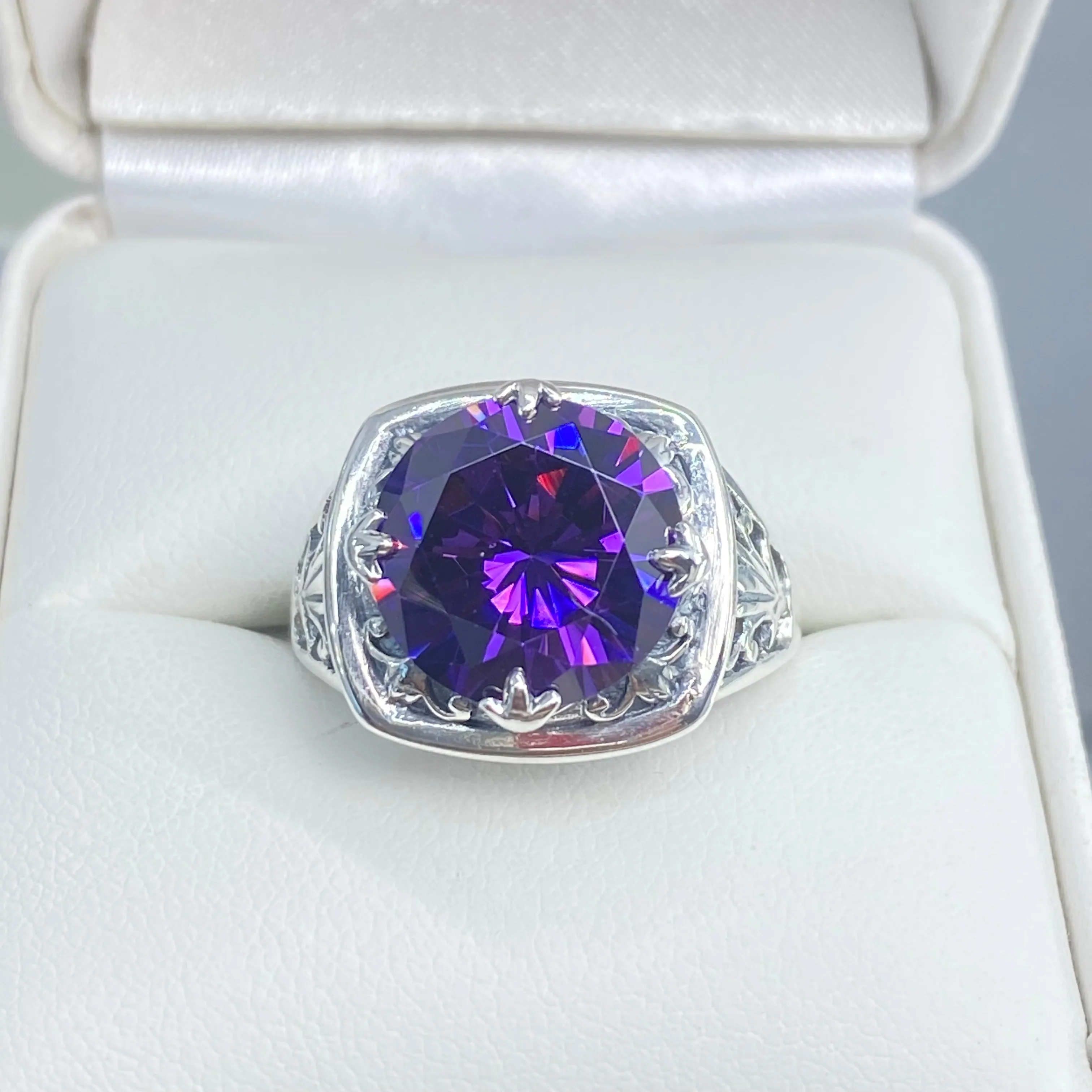 Purple Amethyst CZ Ring, Round Cut, Lotus Art Deco Filigree, D130