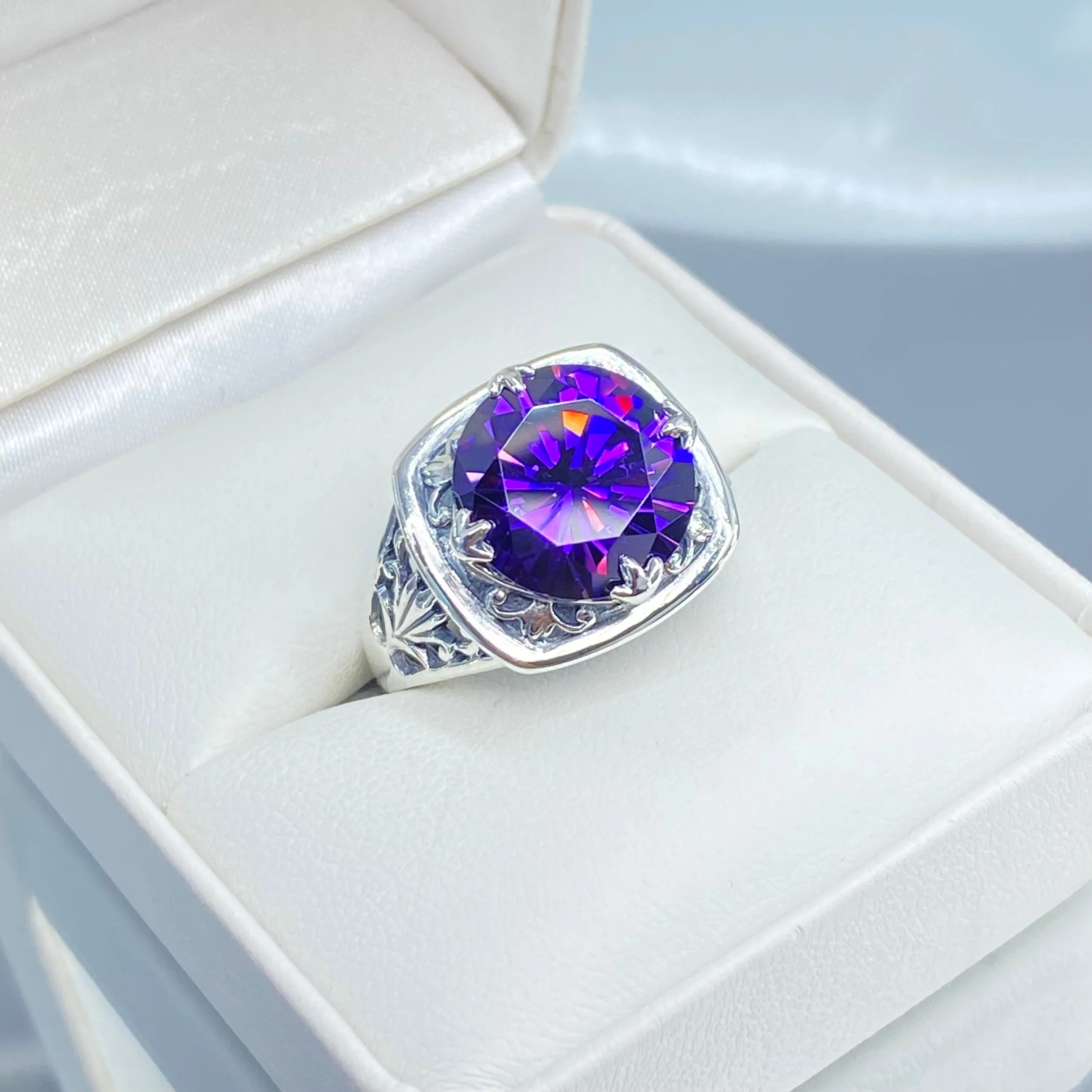 Purple Amethyst CZ Ring, Round Cut, Lotus Art Deco Filigree, D130