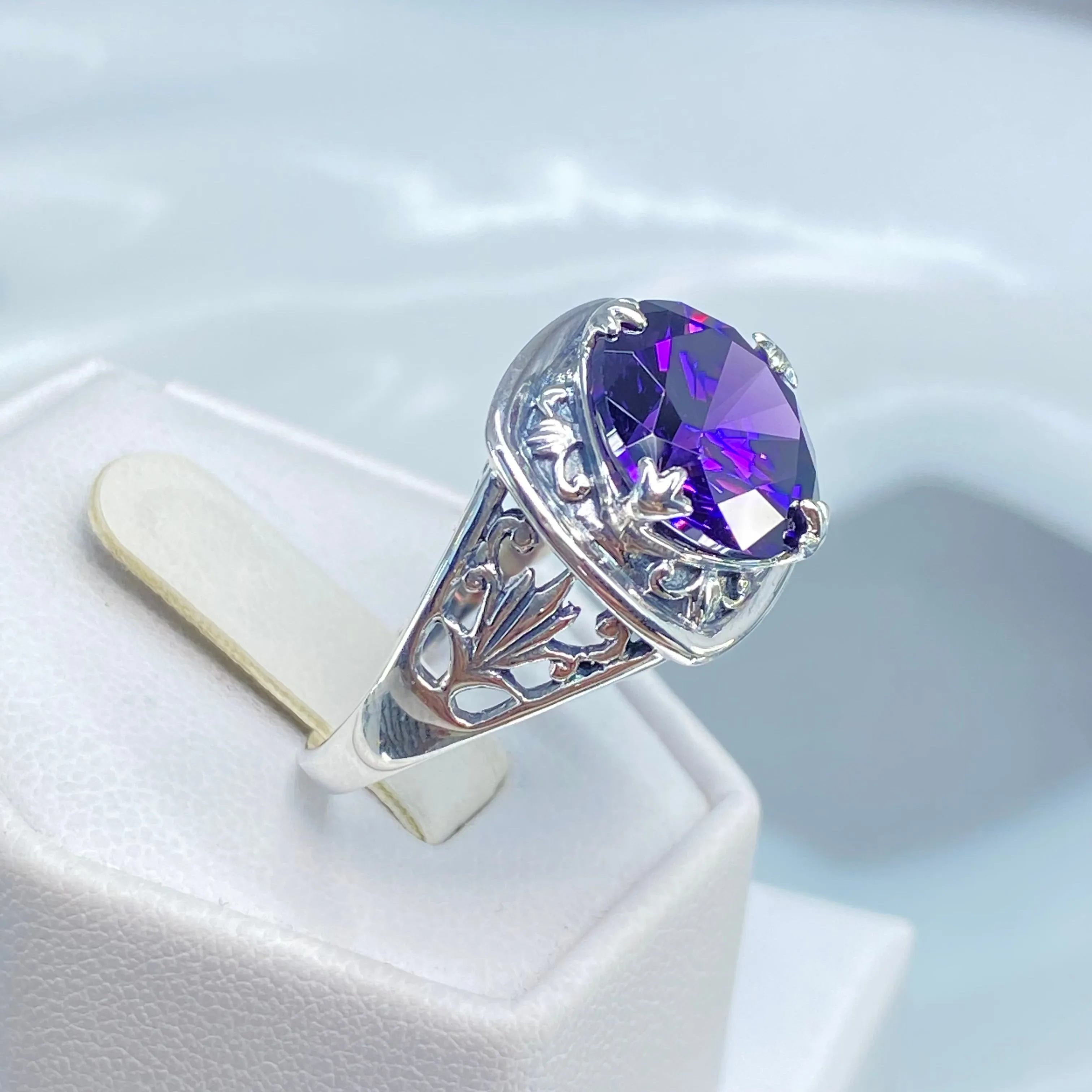 Purple Amethyst CZ Ring, Round Cut, Lotus Art Deco Filigree, D130
