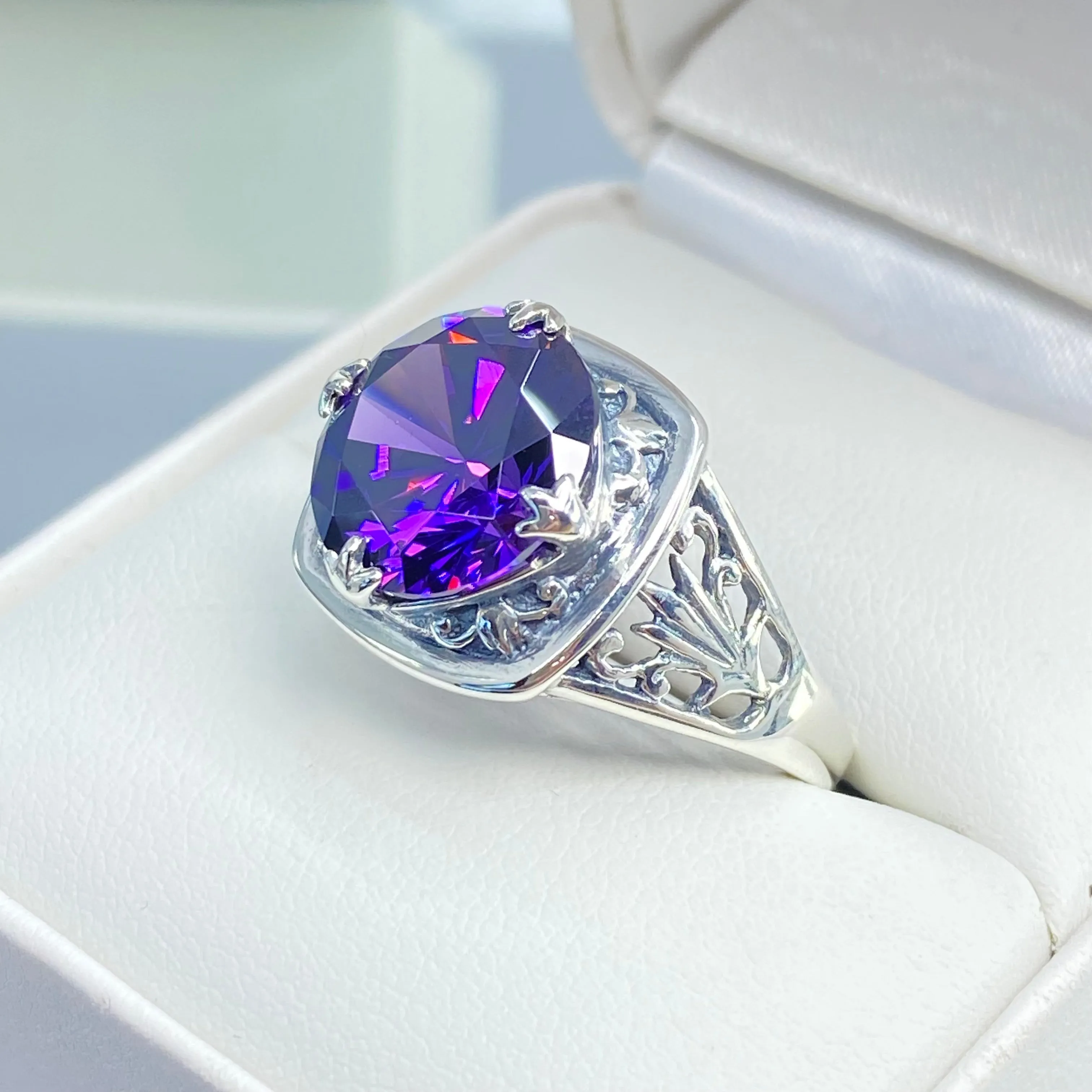 Purple Amethyst CZ Ring, Round Cut, Lotus Art Deco Filigree, D130