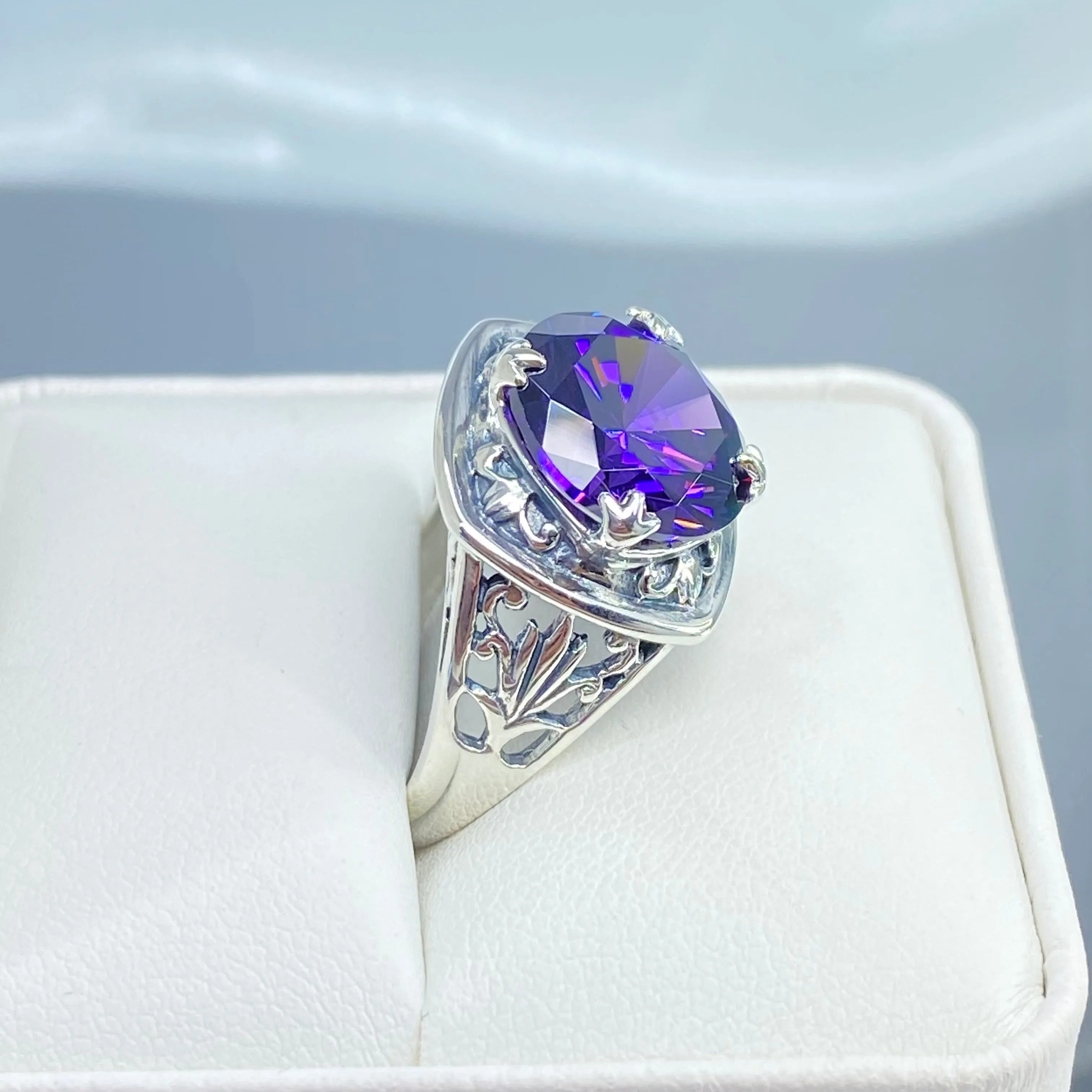 Purple Amethyst CZ Ring, Round Cut, Lotus Art Deco Filigree, D130