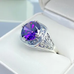 Purple Amethyst CZ Ring, Round Cut, Lotus Art Deco Filigree, D130