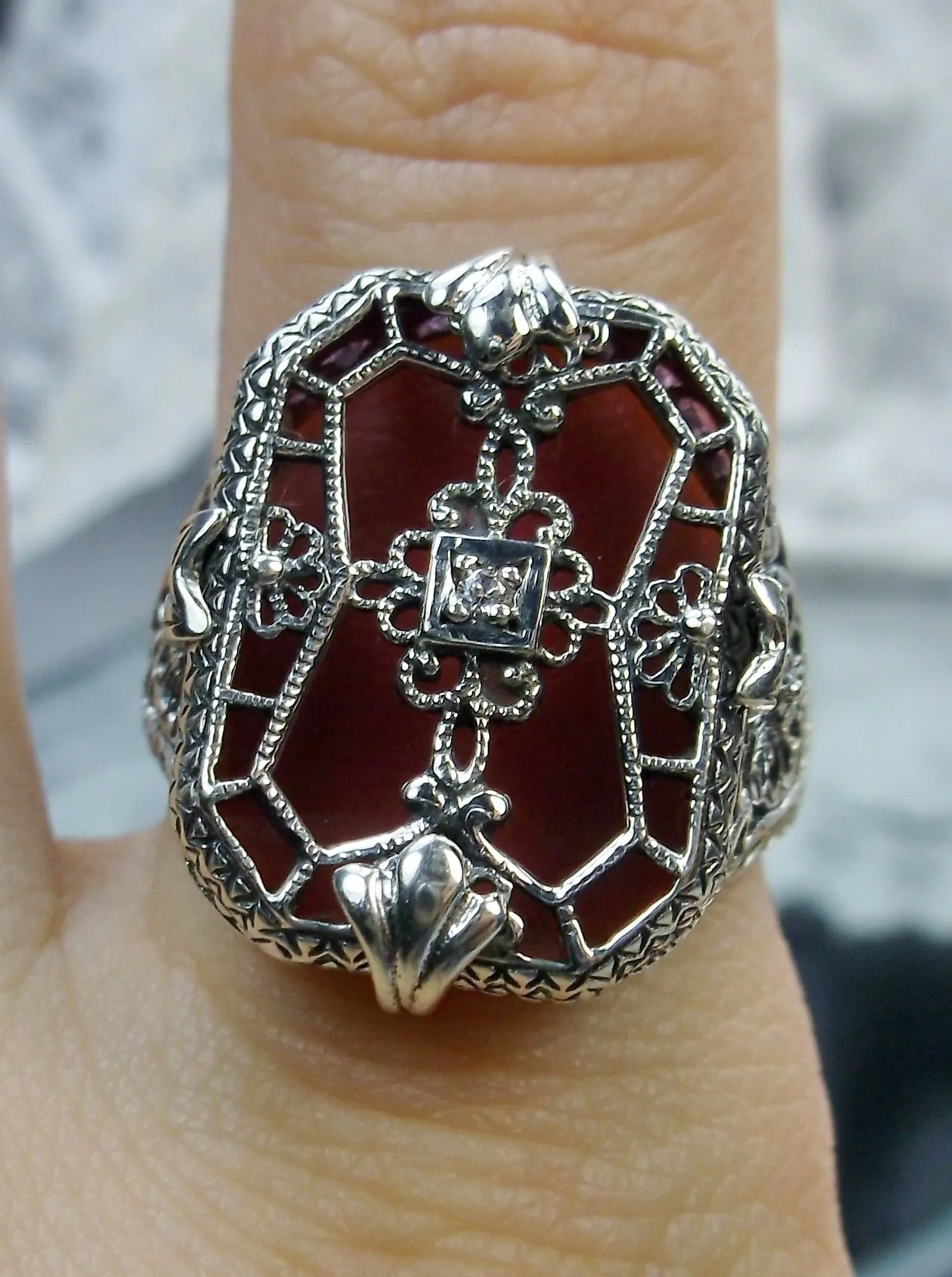Rose Camphor Glass Ring, Rose-Pink Camphor Glass & Inset Gem, Art Deco Jewelry #D203