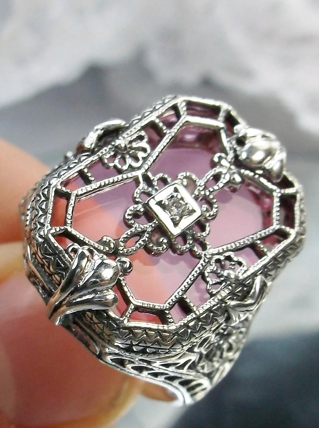 Rose Camphor Glass Ring, Rose-Pink Camphor Glass & Inset Gem, Art Deco Jewelry #D203