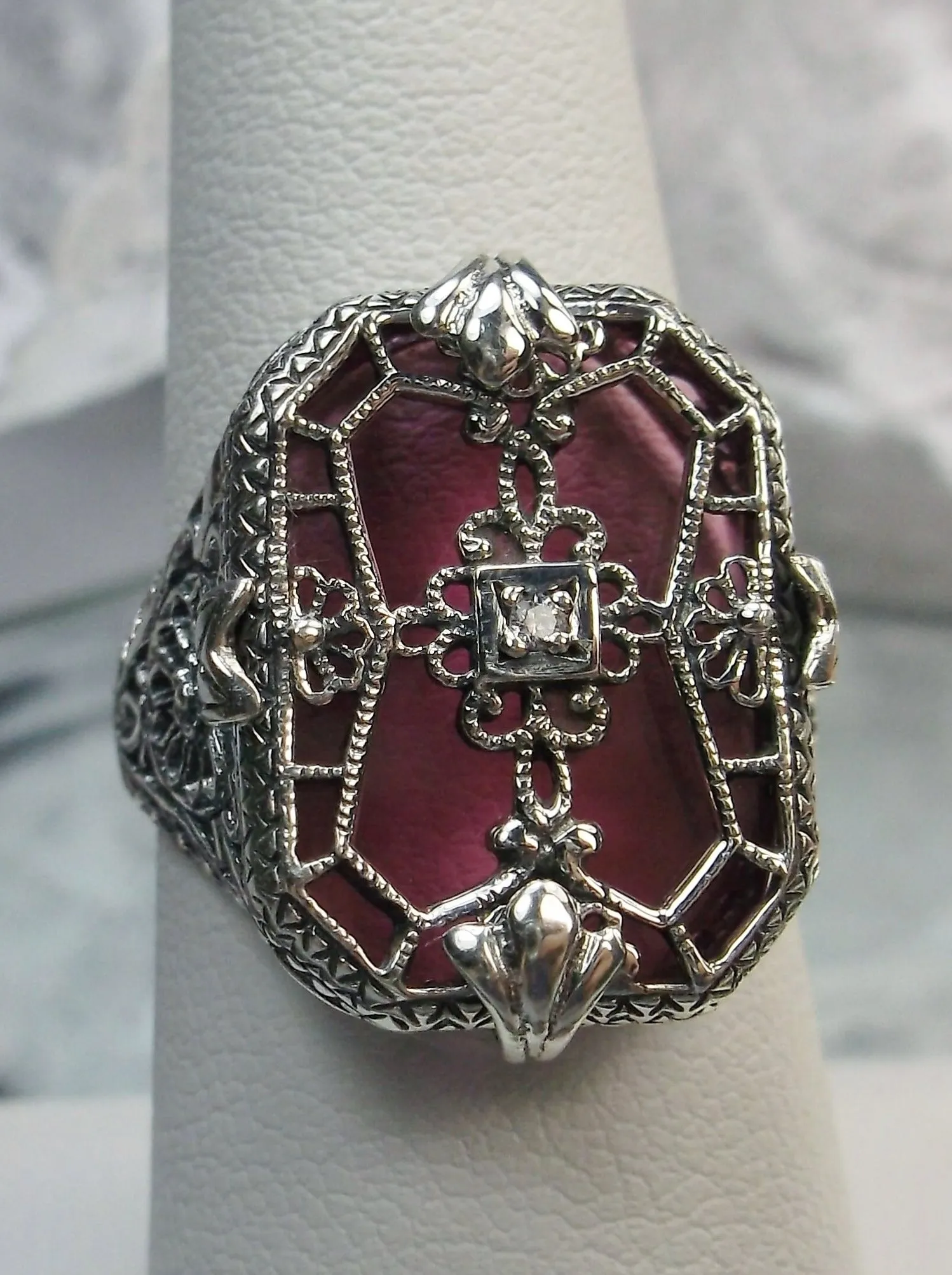Rose Camphor Glass Ring, Rose-Pink Camphor Glass & Inset Gem, Art Deco Jewelry #D203
