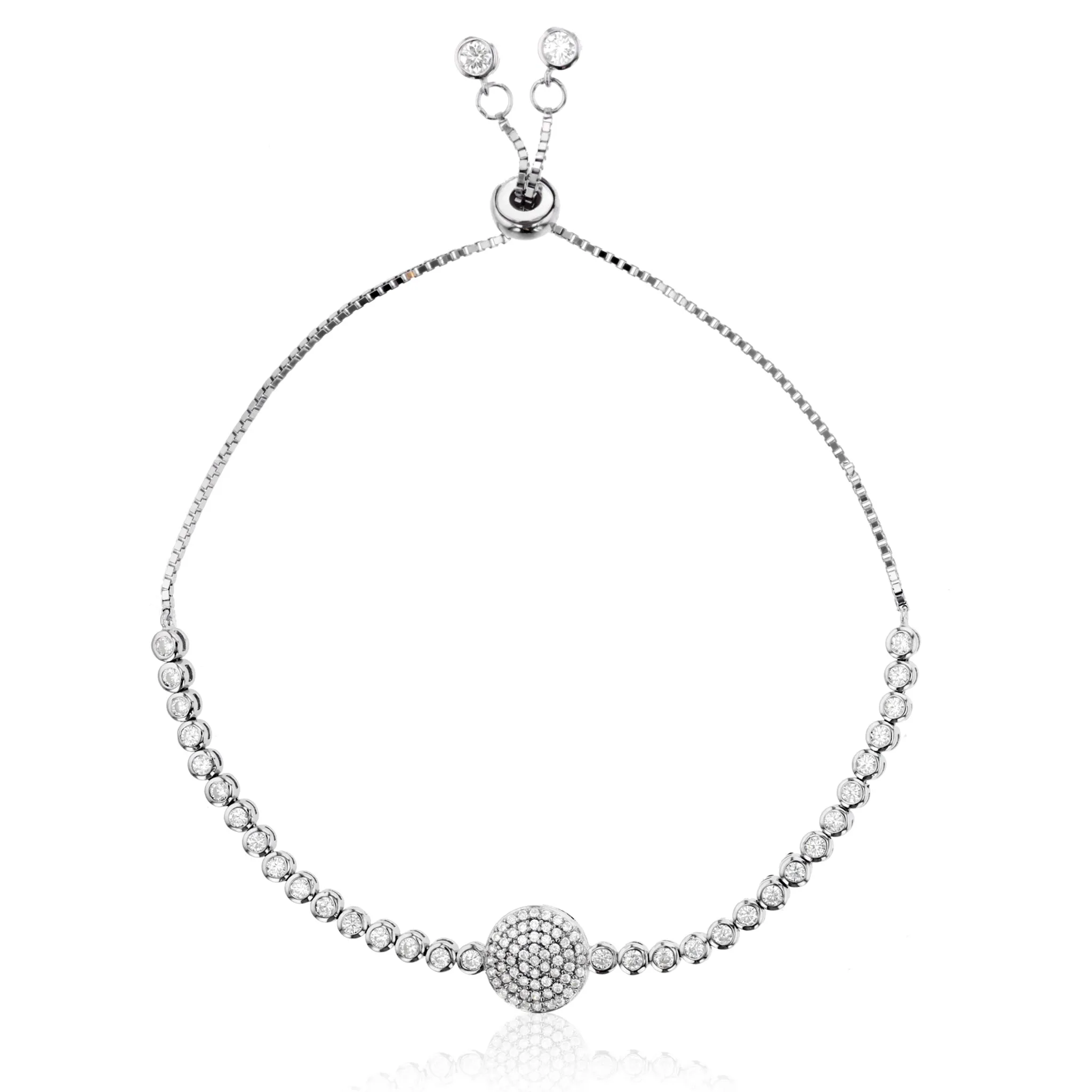 Round Cocktail Bezel Adjustable Bracelet (Silver)