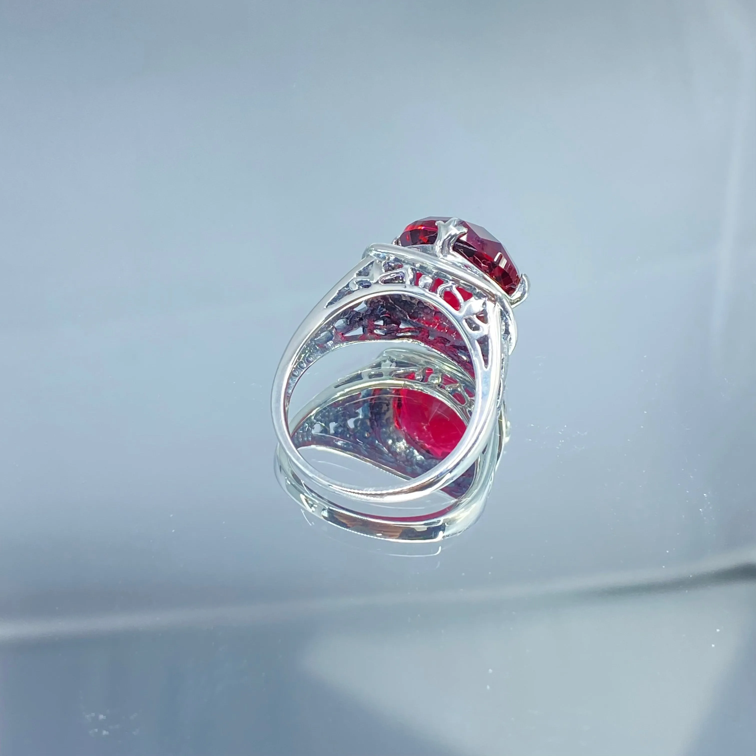Ruby Ring, Round Cut, Lotus Art Deco Filigree, D130