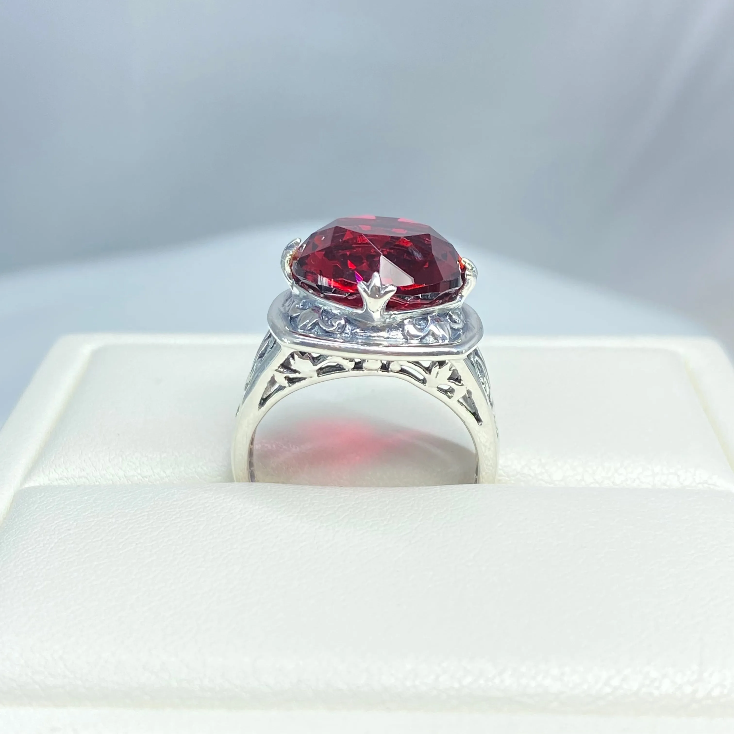 Ruby Ring, Round Cut, Lotus Art Deco Filigree, D130