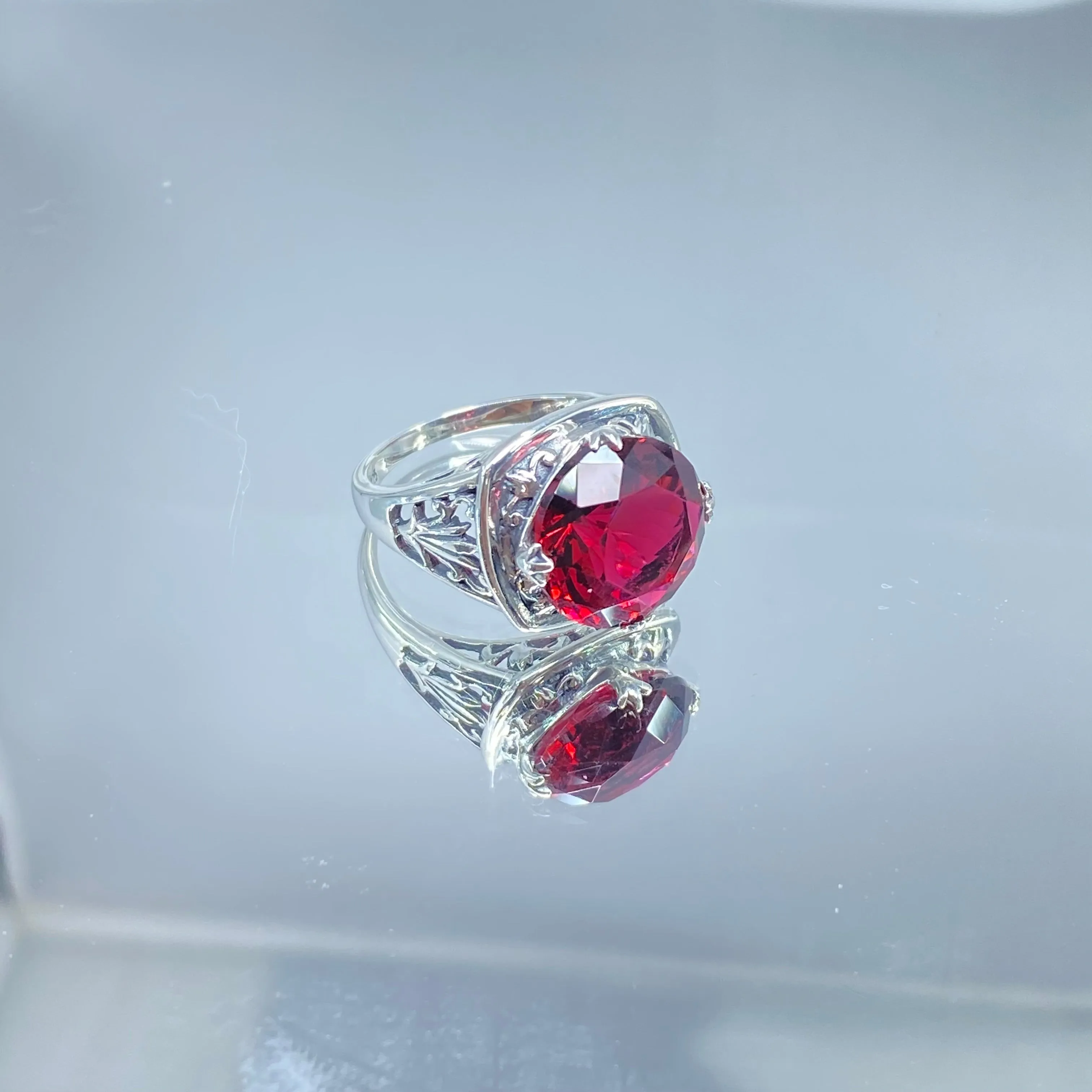 Ruby Ring, Round Cut, Lotus Art Deco Filigree, D130