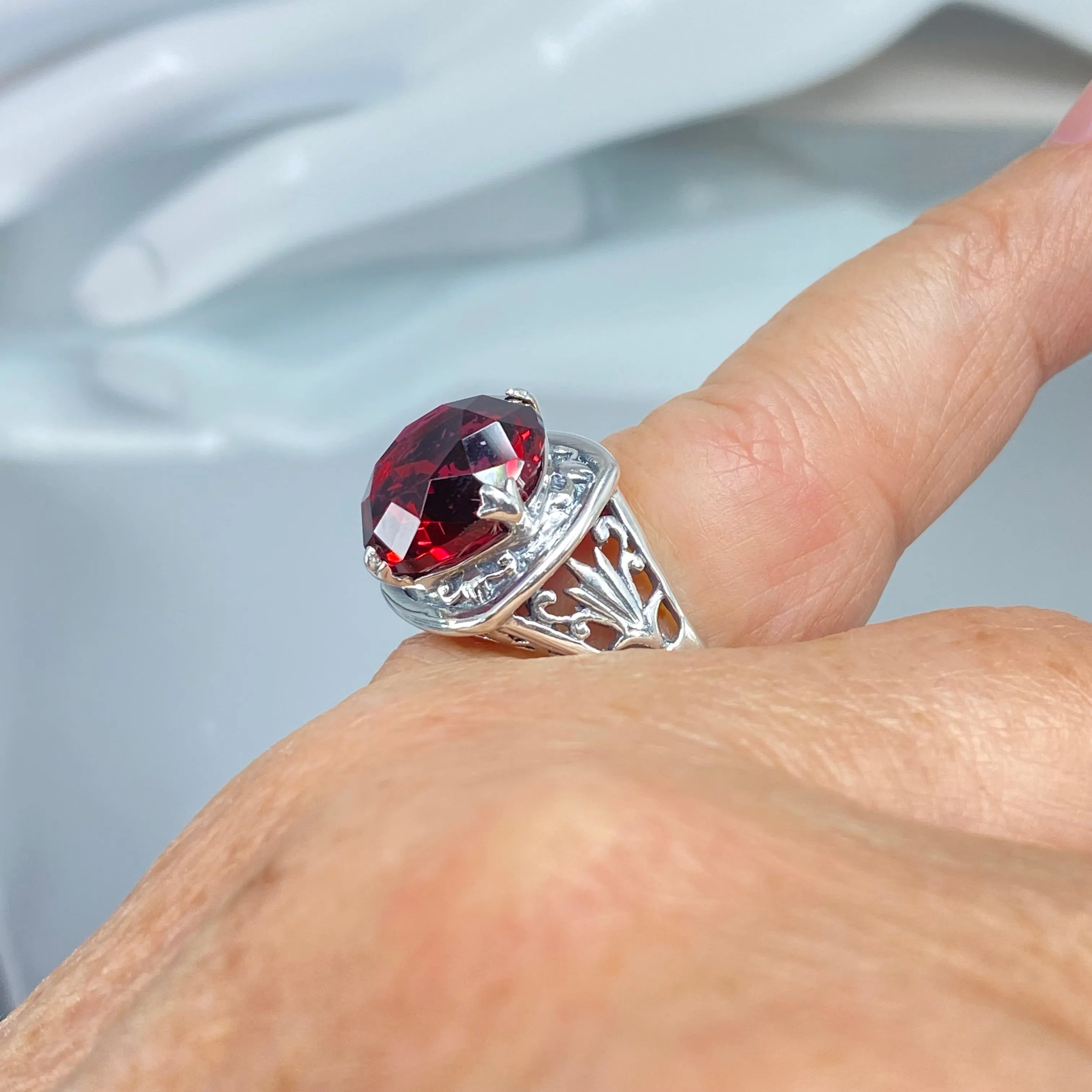 Ruby Ring, Round Cut, Lotus Art Deco Filigree, D130