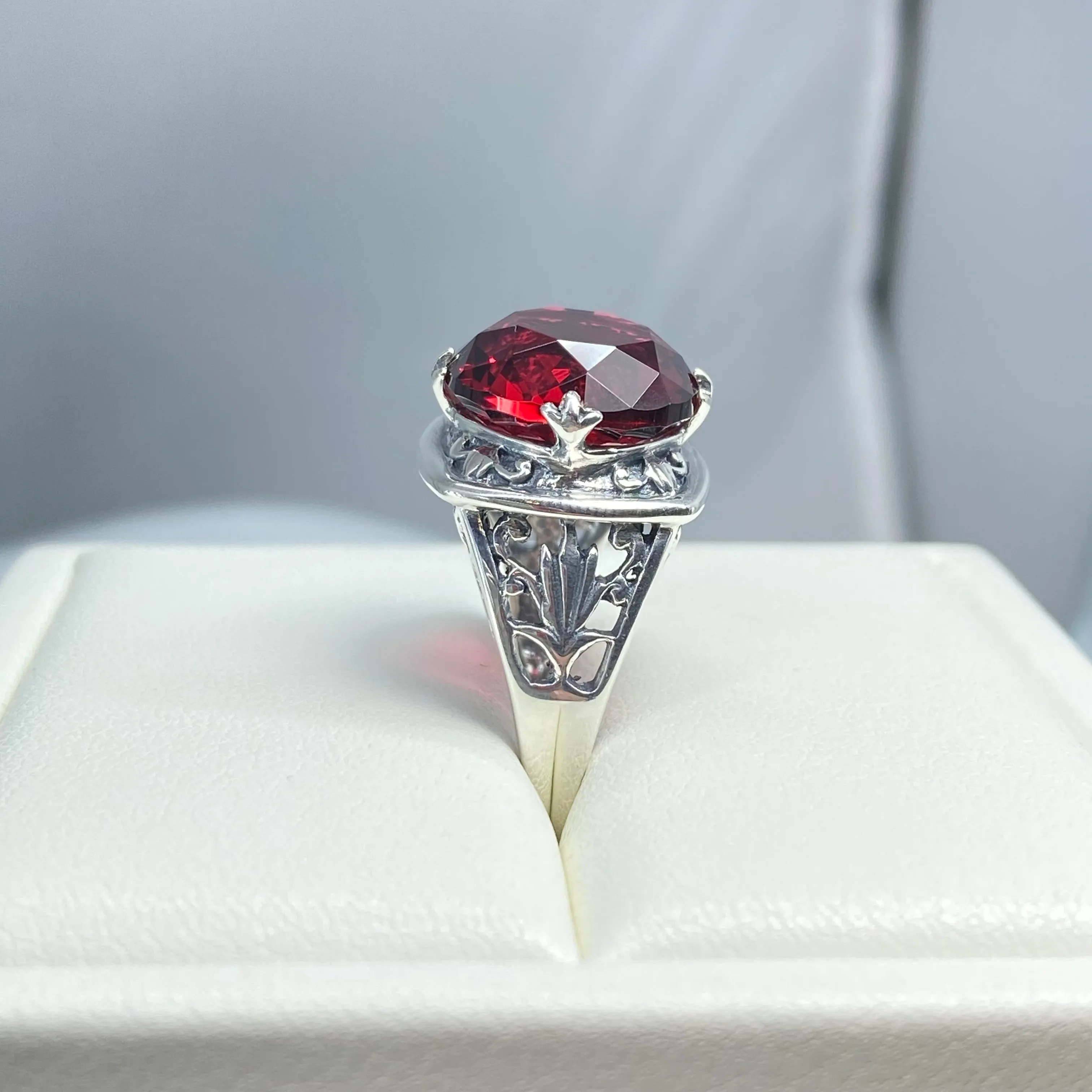 Ruby Ring, Round Cut, Lotus Art Deco Filigree, D130